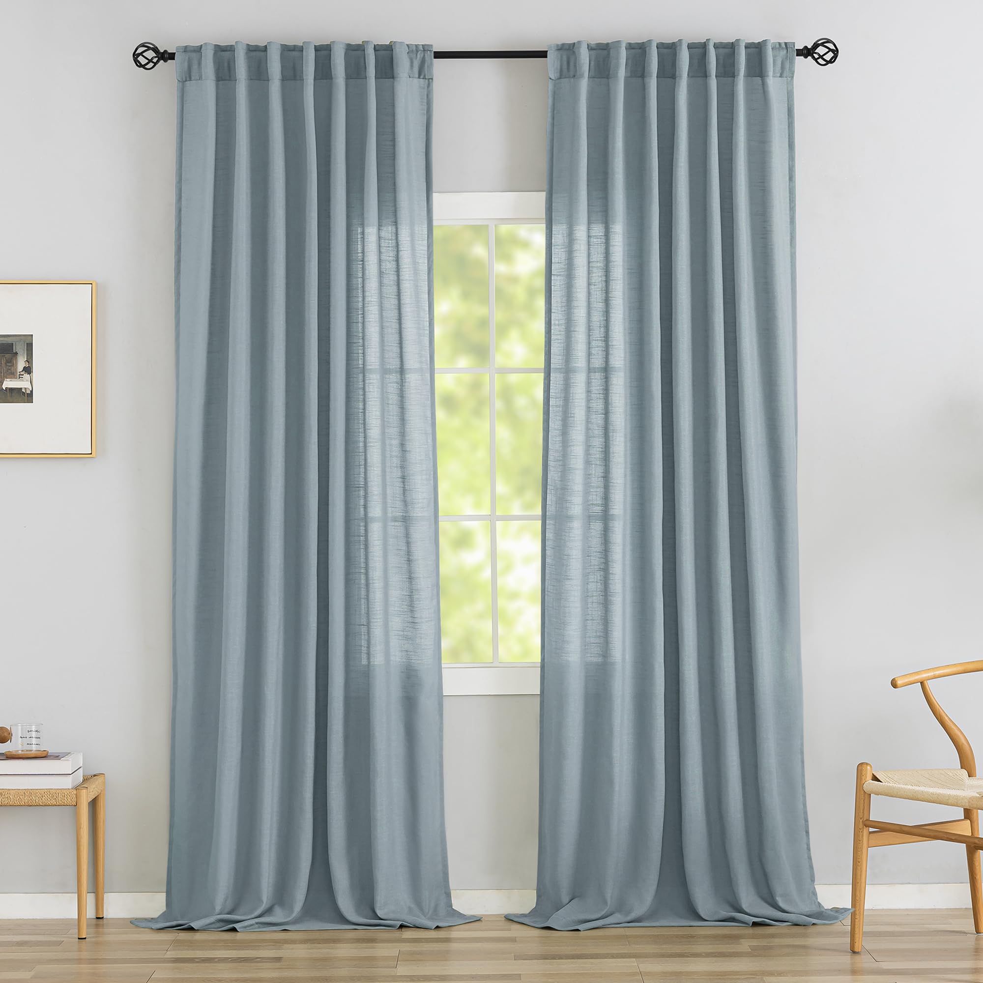 Stone Blue Linen Back Tab Curtains 102 Inches Long 2 Panels Set For High Windows,Rustic Hooks Belt Pinch Pleated Look Easy Sliding Curtains Pocket Light Filtering Semi Privacy Drapres 52 X 102 Inch
