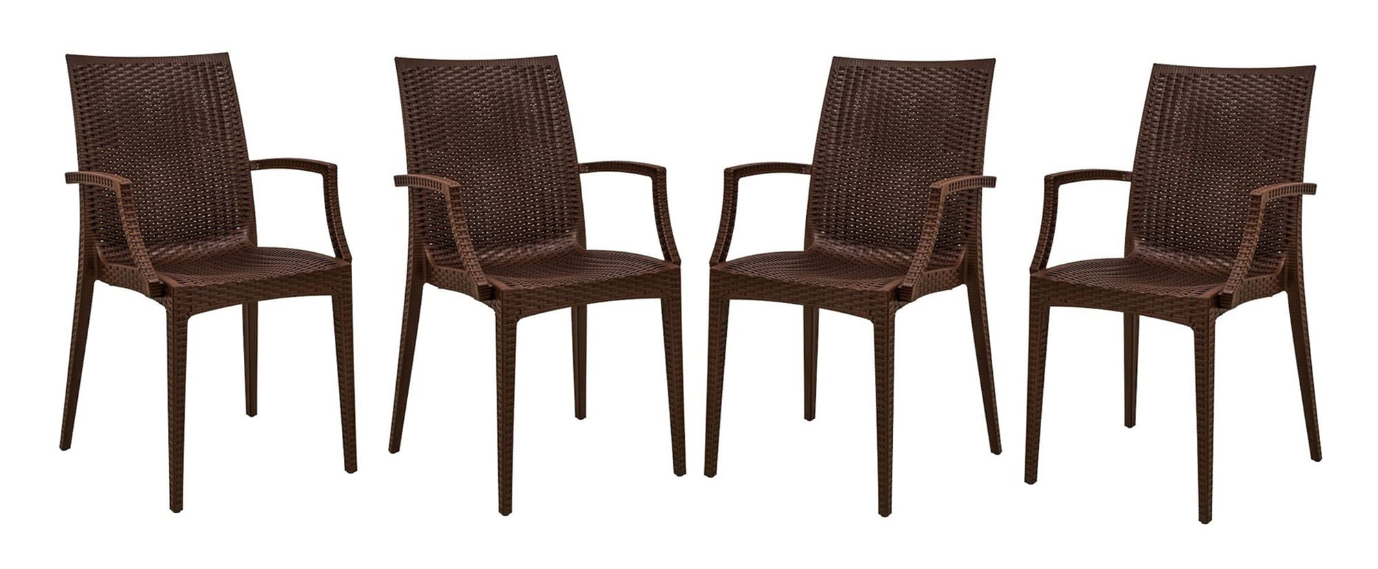 LeisureMod Modern Indoor/Outdoor Home Decorative Furniture Weave Mace Chair (with Arms), Set of 4 - Brown