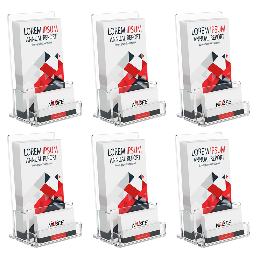 Niubee 6-Pack Acrylic Brochure Holder 4 , Clear Brochure Display Stand With Acrylic Business Card Holder, Plastic Flyer Display