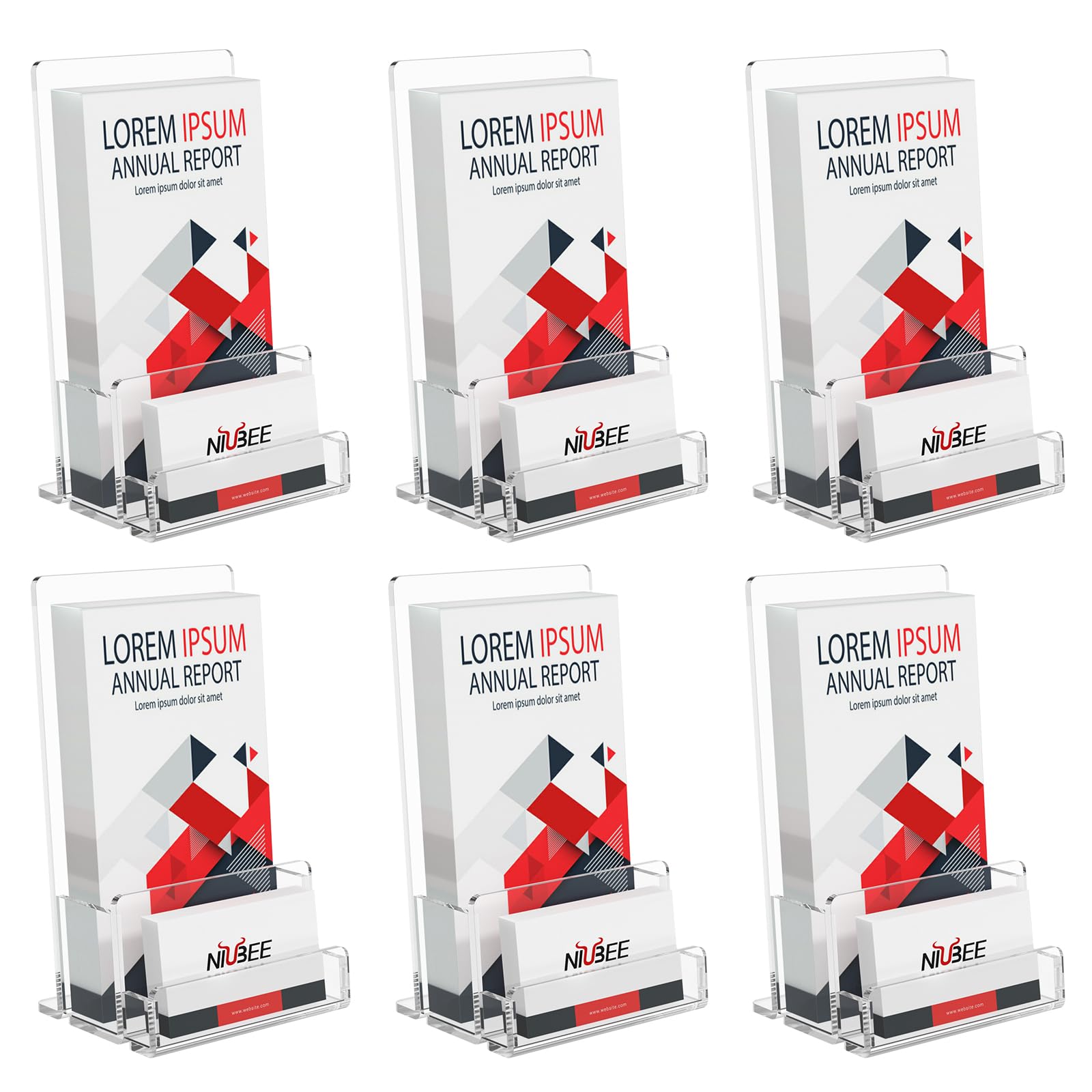 Niubee 6-Pack Acrylic Brochure Holder 4 , Clear Brochure Display Stand With Acrylic Business Card Holder, Plastic Flyer Display