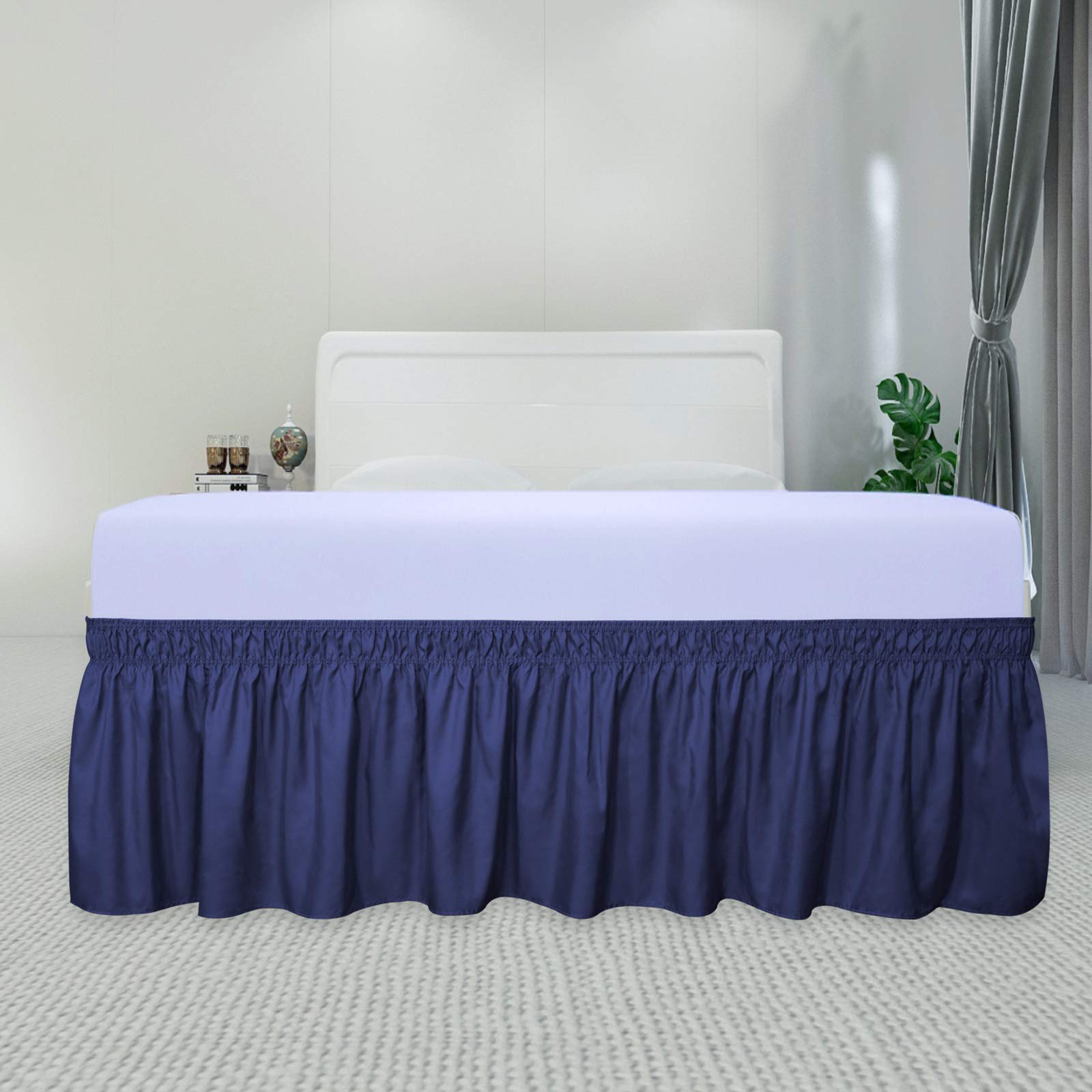 Purefit Wrap Around Ruffled Bed Skirt With Adjustable Elastic Belt - 18 Inch Drop Easy To Put On, Wrinkle Free Bedskirt Dust Ruffles, Bed Frame Cover For Queen, King And C-King Size Beds, Navy