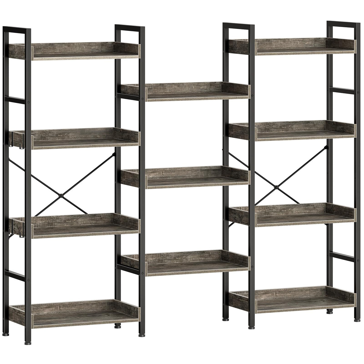 Rolanstar Bookshelf 4 Tiers with 4 Hooks, Triple Bookcase with Open Display Shelves, Industrial Wide Bookshelf with Metal Frame 