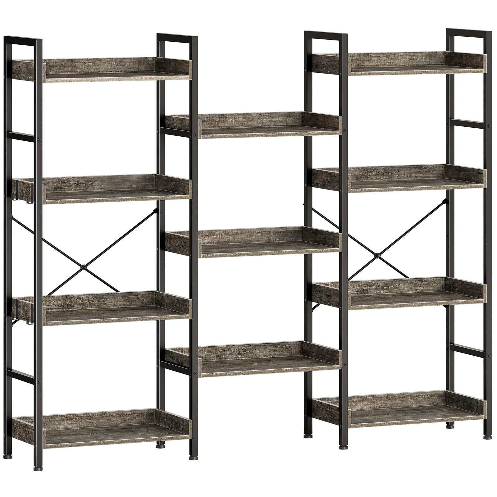 Rolanstar Bookshelf 4 Tiers with 4 Hooks, Triple Bookcase with Open Display Shelves, Industrial Wide Bookshelf with Metal Frame 