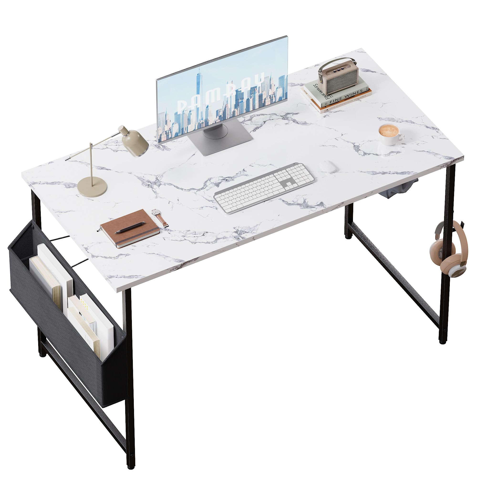 Pamray 47 Inch Computer Desk for Small Spaces with Storage Bag, Home Office Work Desk with Headphone Hook, Small Office Desk Stu
