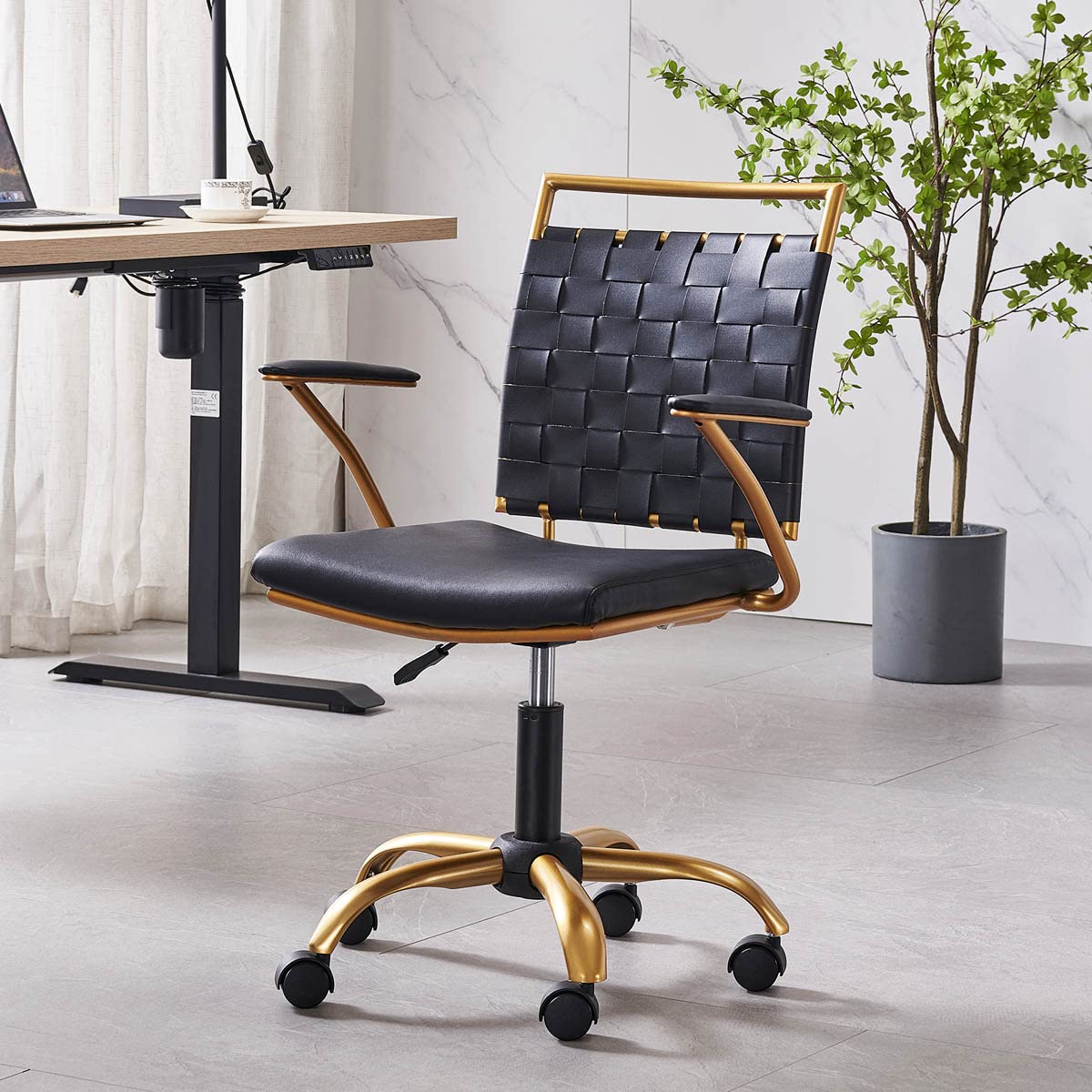 CAROCC Modern Leather Desk Chiar Gold and Black Office Chair Cute Desk Chiar Mid Back Conference Chairs with Wheels and Arms Com