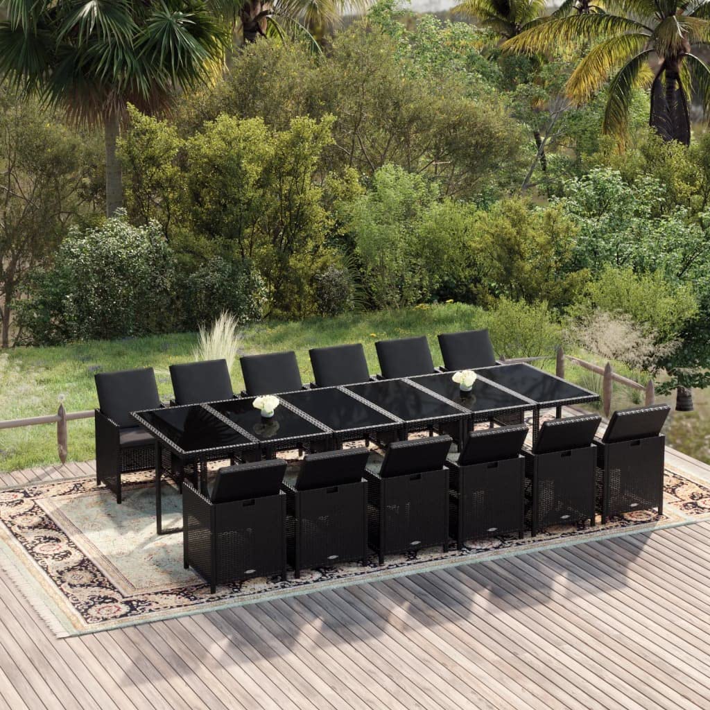 vidaXL Patio Dining Set 13 Piece with Cushions Garden Outdoor Terrace Balcony Dining Dinner Dinette Table and Chair Furniture Poly Rattan Black