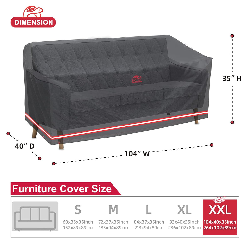 Turtle Life Patio Sofa Cover, Outdoor Heavy Duty Durable Uv Water Resistant Anti-Fading Multi-Person Sofa Cover With 2 Upgrade Air Vents And 2 Buckles, Black, 104' W X 40' D X 35' H