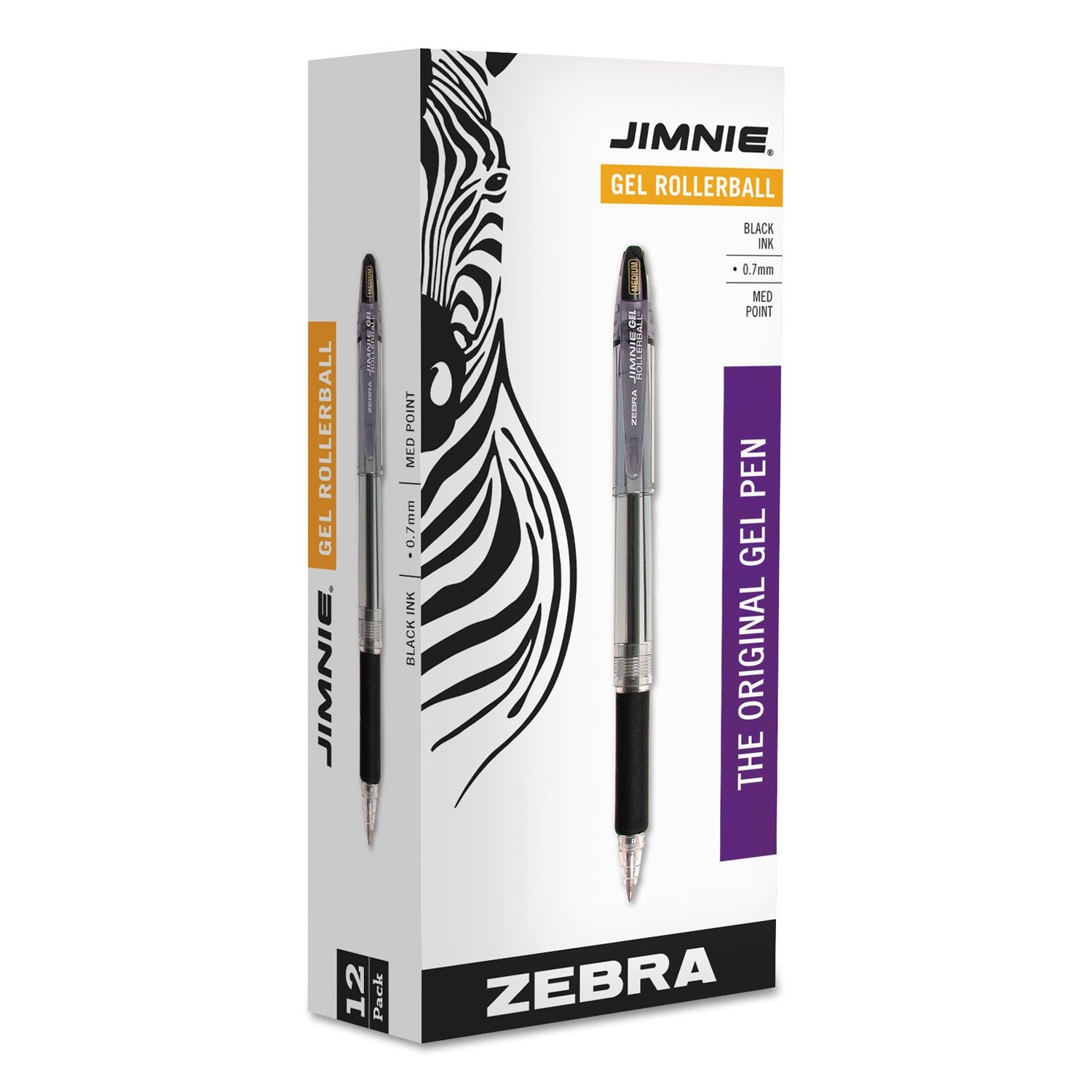 Zebra Jimnie Gel Ink Rollerball Pens, Medium Point, 0.7 Mm, Black Barrel, Black Ink, Pack Of 12 Pens