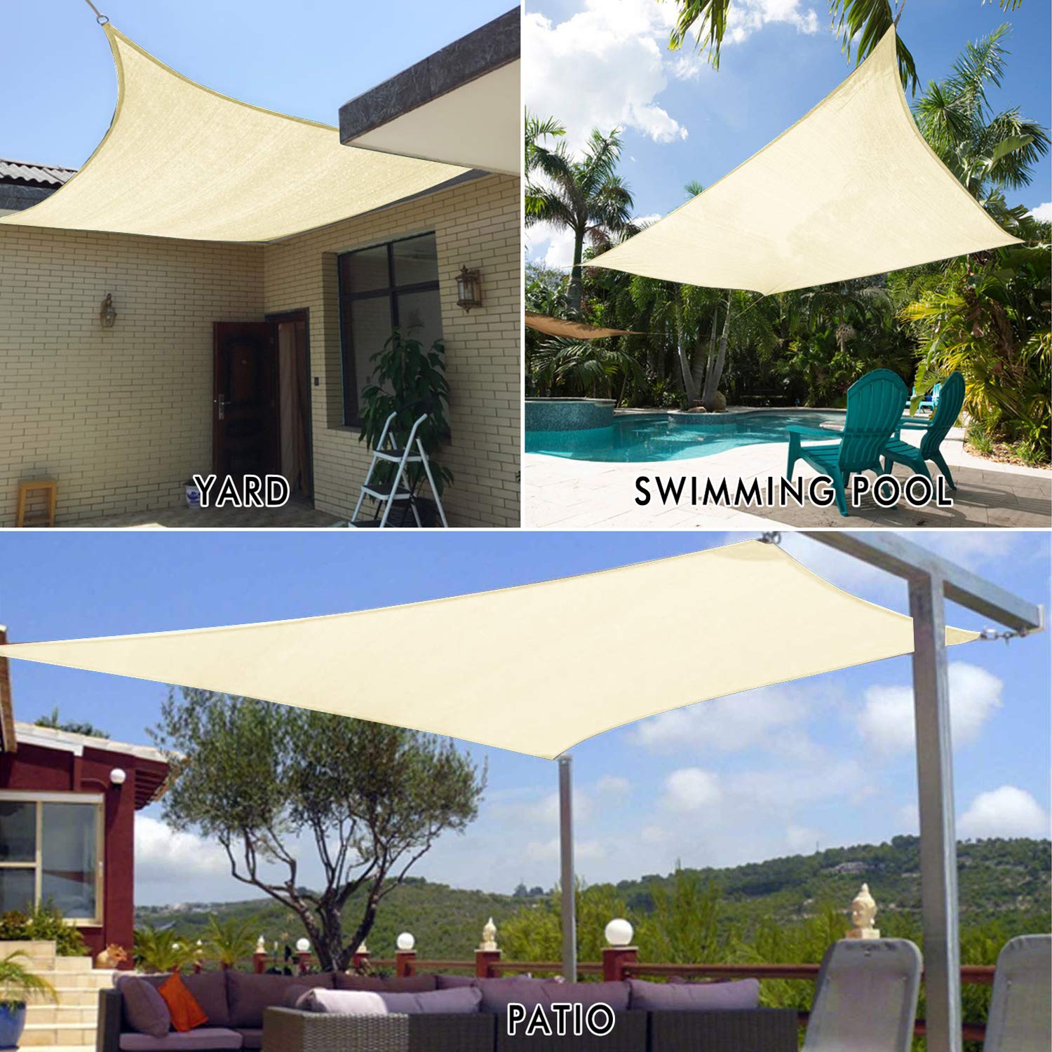 Artpuch 7'X13' Sun Shade Sail Curved Commercial Outdoor Shade Cover Cream Rectangle Heavy Duty Permeable 185Gsm Backyard Shade C