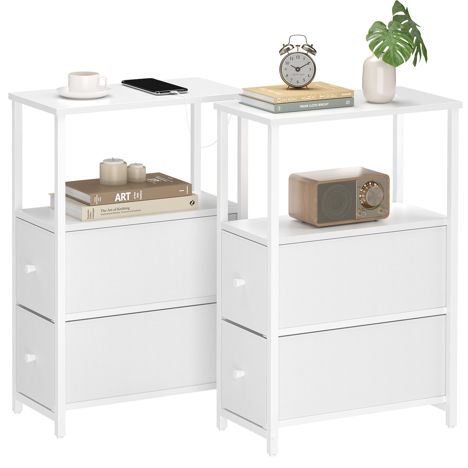 Tutotak Small Narrow End Table, Set Of 2, Side Table, Nightstand With 2 Cloth Drawers, Couch Table, For Living Room, Bedroom, Bedside, White Tb01Bw054