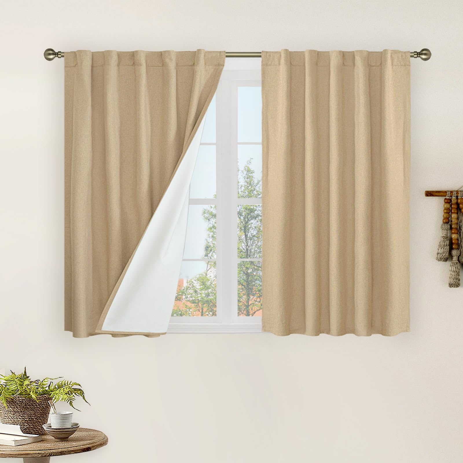 LAMIT 40 Inch Length 100% Blackout Linen Curtains, Linen Textured Thermal Curtains Back Tab and Rod Pocket Neutral Panels with W