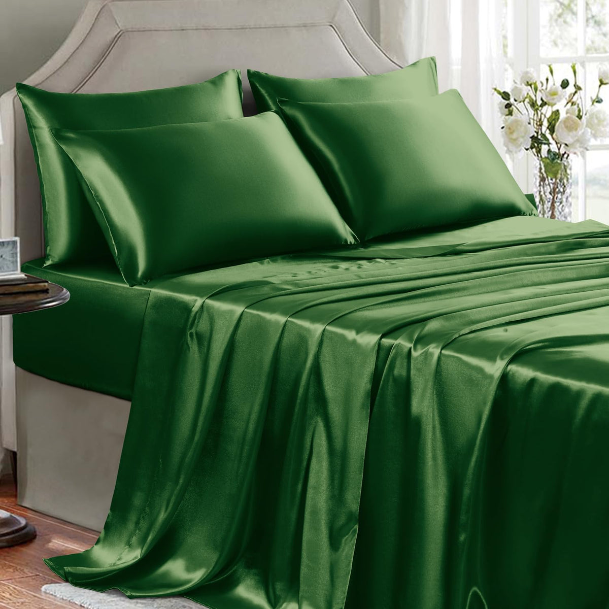 Golal Satin Sheets Full Size - 6 Pieces Luxury Silky Soft Bed Sheets, Wrinkle-Free Dark Green Satin Silk Sheet Set With 1 Deep P