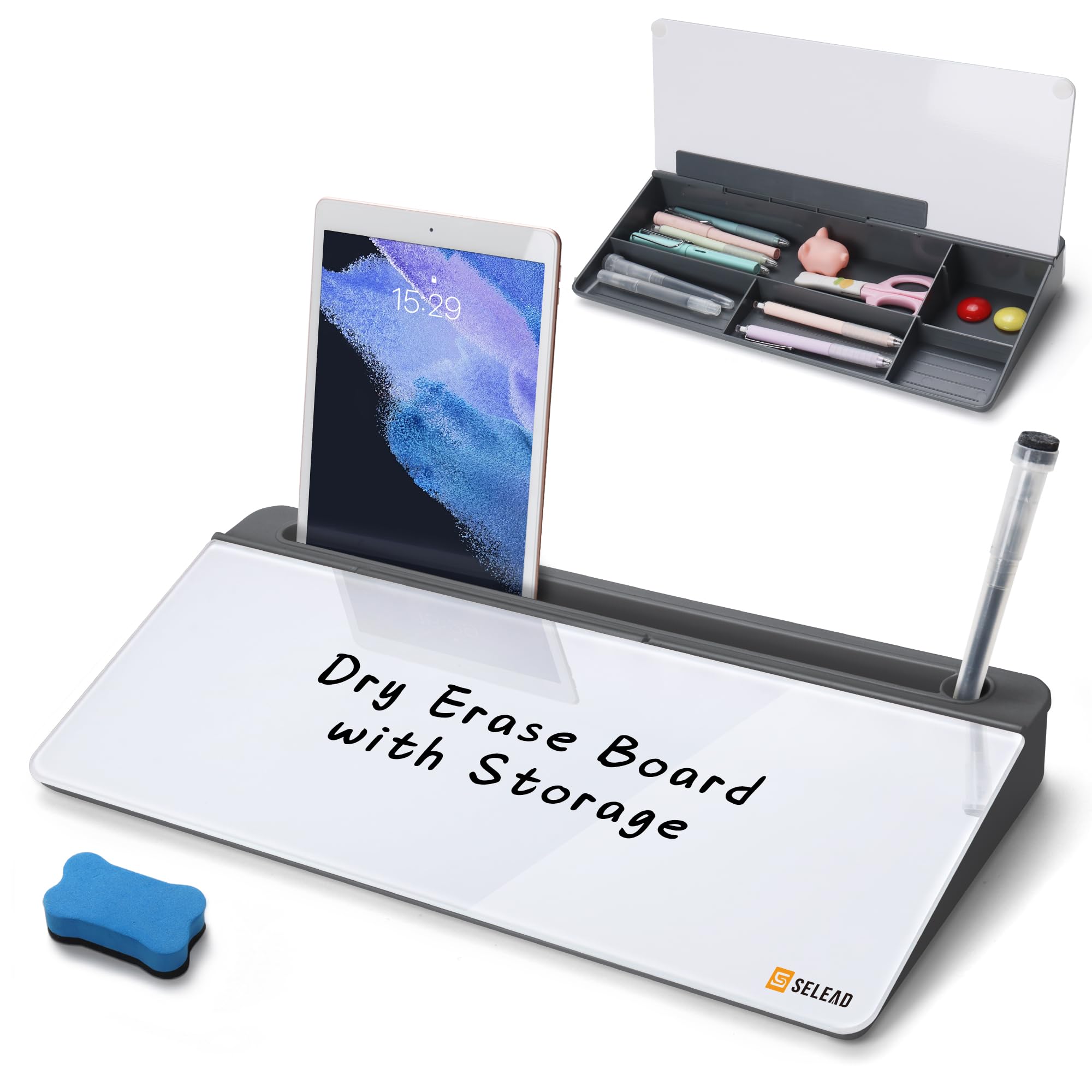 Selead Desktop Glass Whiteboard With Organizer, Markers, Eraser, Holder - Small Dry Erase White Board Computer Pad Keyboard Stan
