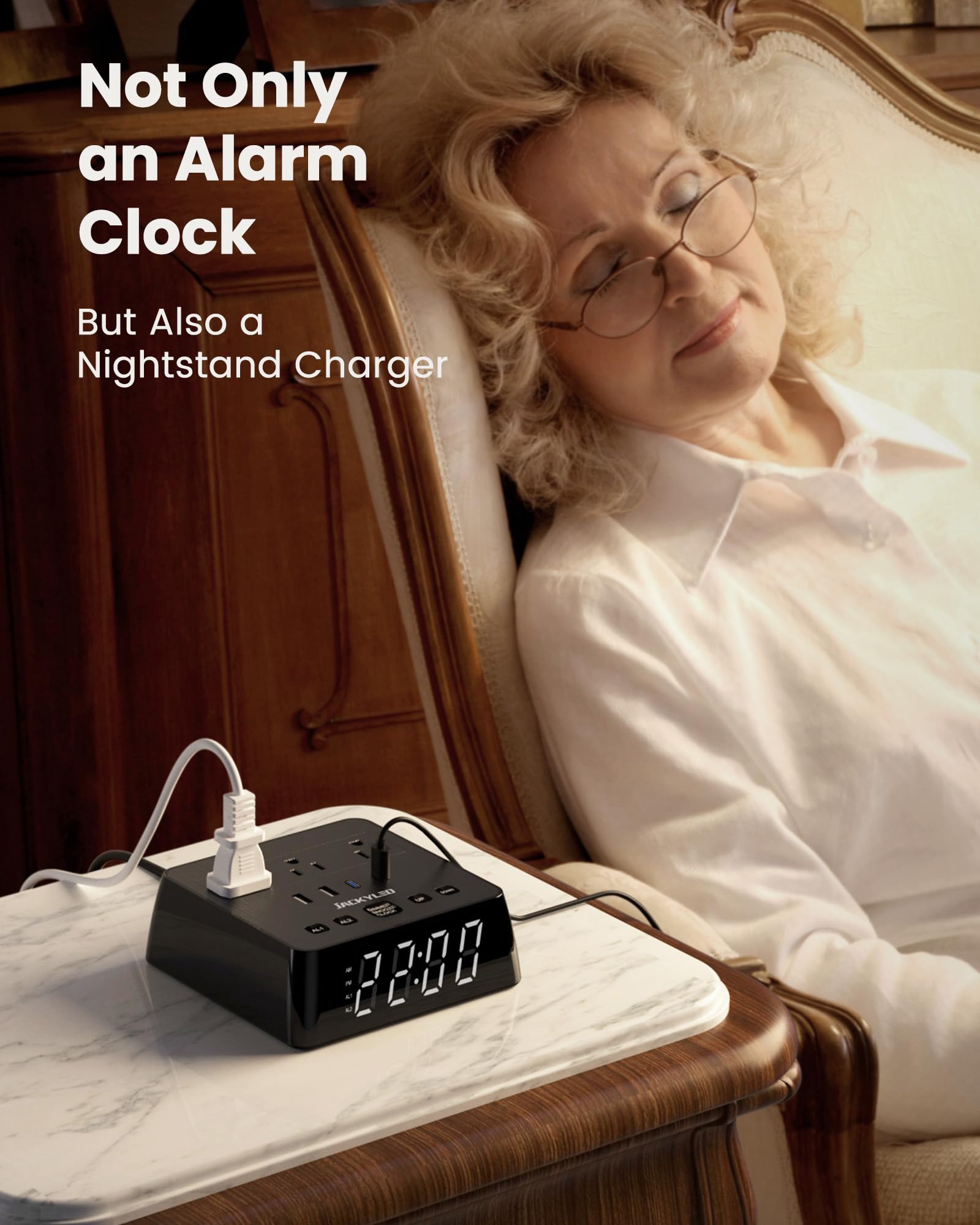 Jackyled Alarm Clock With 4 Usb Chargers Power Strip 3 Outlets 1700J Surge Protector Nightstand Dimmable Digital Clock With Dual