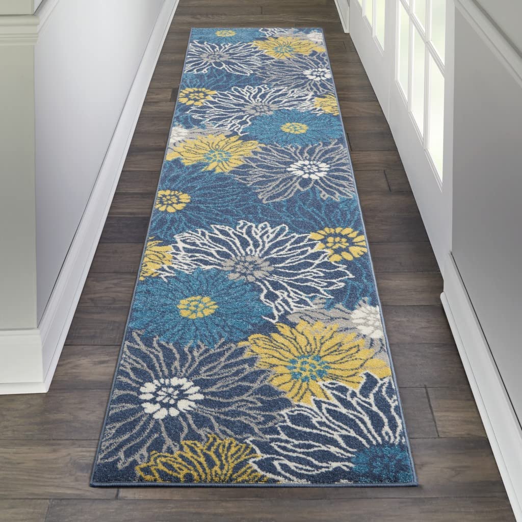 HomeRoots 100% Polypropylene 2’ x 10’ Blue Tropical Flower Runner Rug