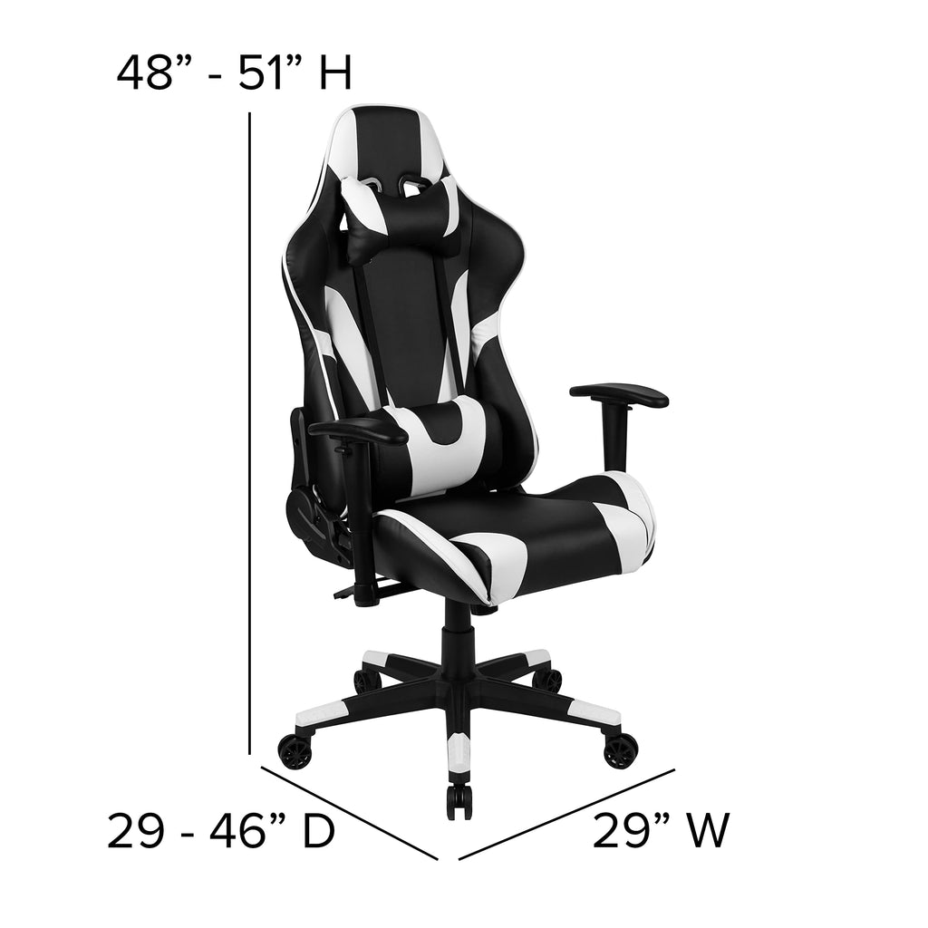 Flash Furniture X20 Fully Reclining Leathersoft Racing Style Gaming Chair With Headrest, Lumbar Pillows, Ergonomic Swivel Computer Chair, Black/White