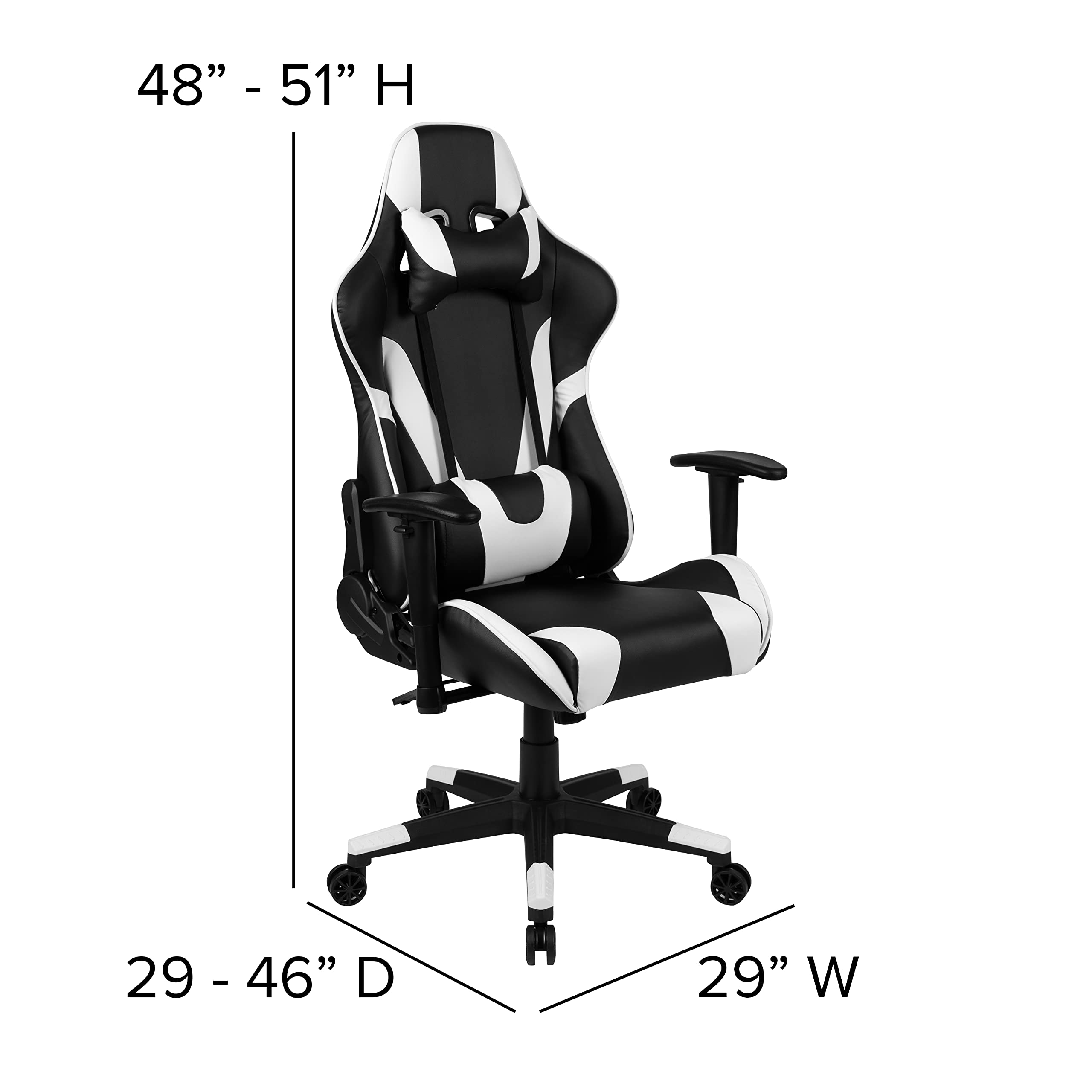 Flash Furniture X20 Fully Reclining Leathersoft Racing Style Gaming Chair With Headrest, Lumbar Pillows, Ergonomic Swivel Computer Chair, Black/White