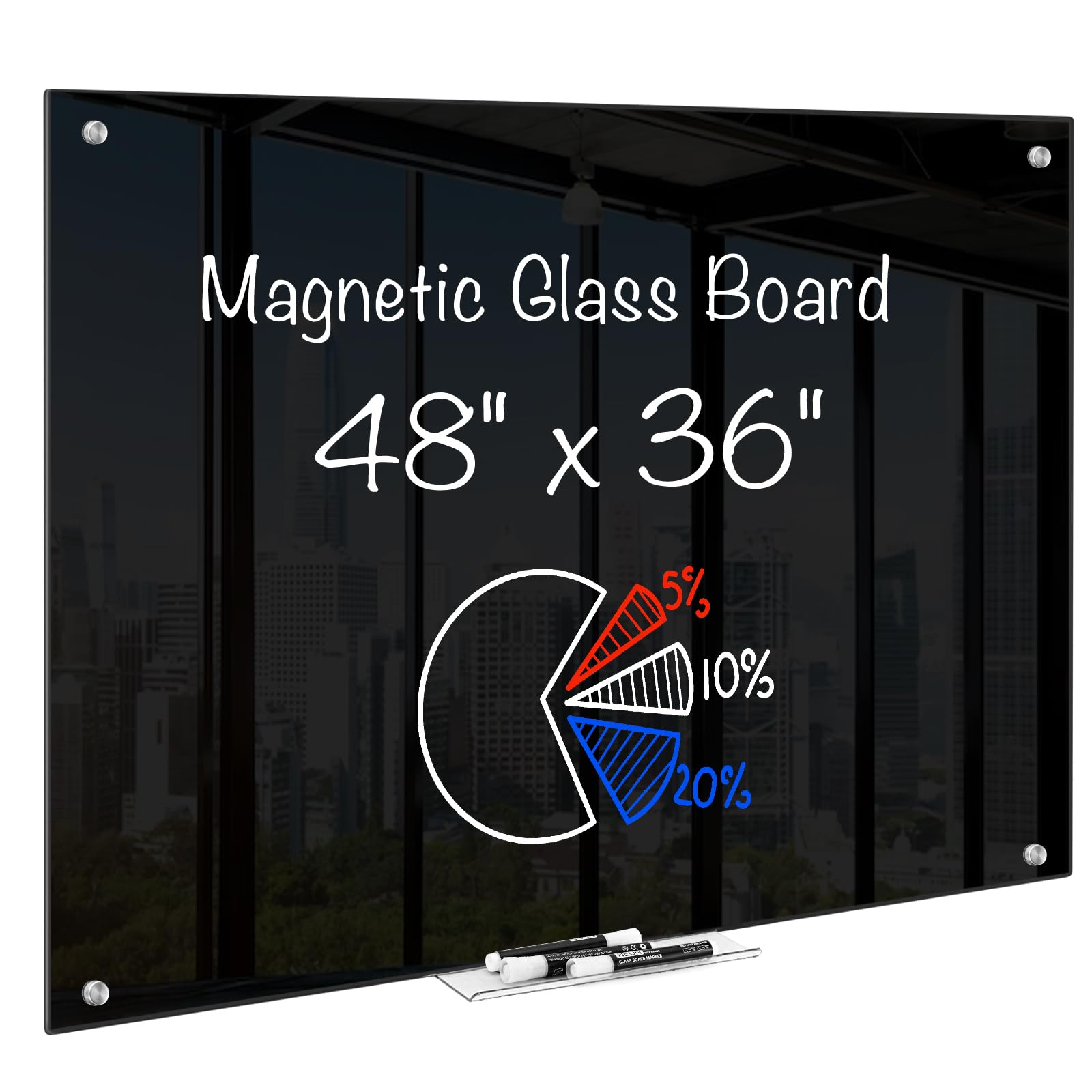 Maxtek Black Dry Erase Board 48' X 36', Black Whiteboard Glass Frameless, Large Magnetic Glass White Board For Office School