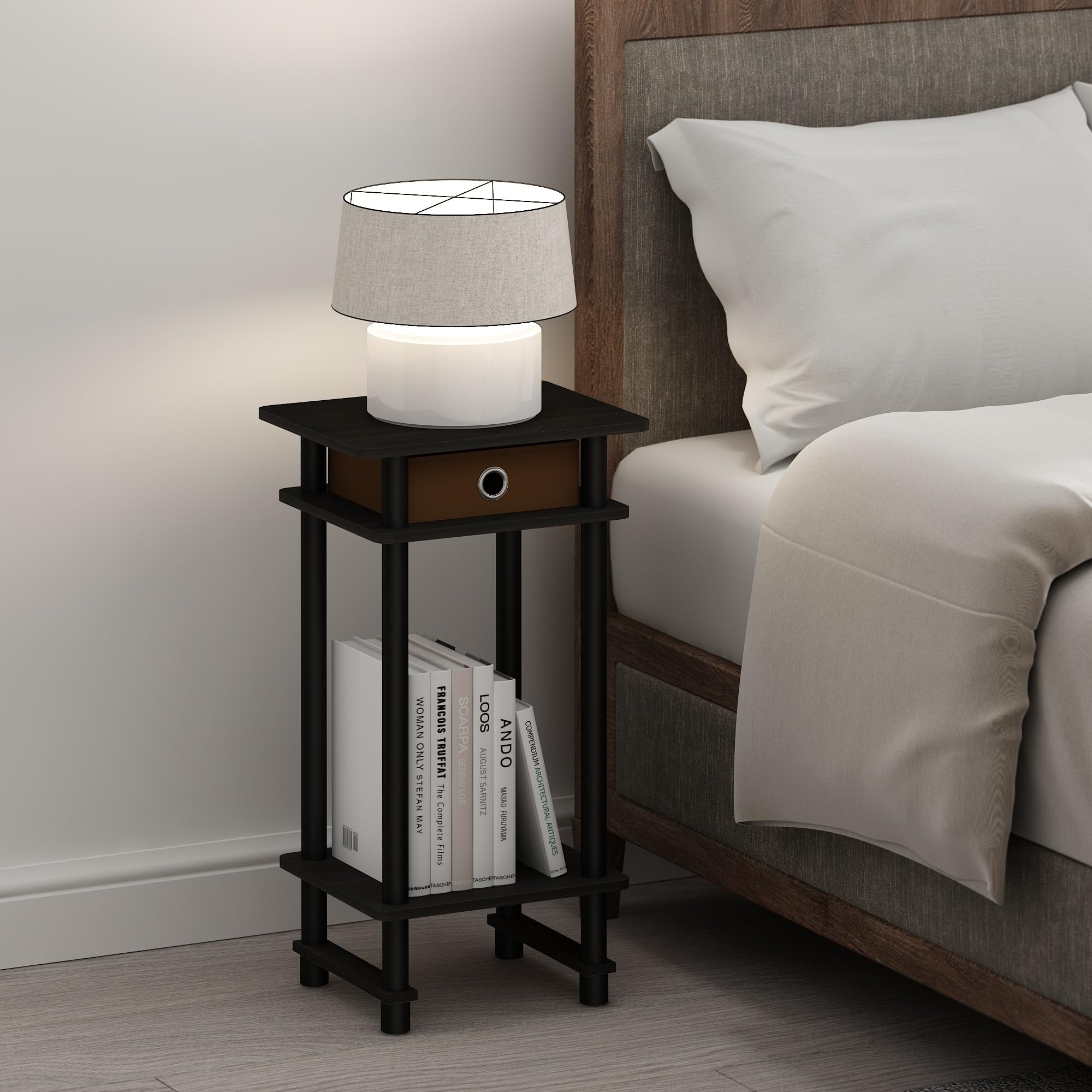 Furinno Turn-N-Tube Tall Nightstand With Bin, 2-Pack, Plastic Poles, Espresso/Brown