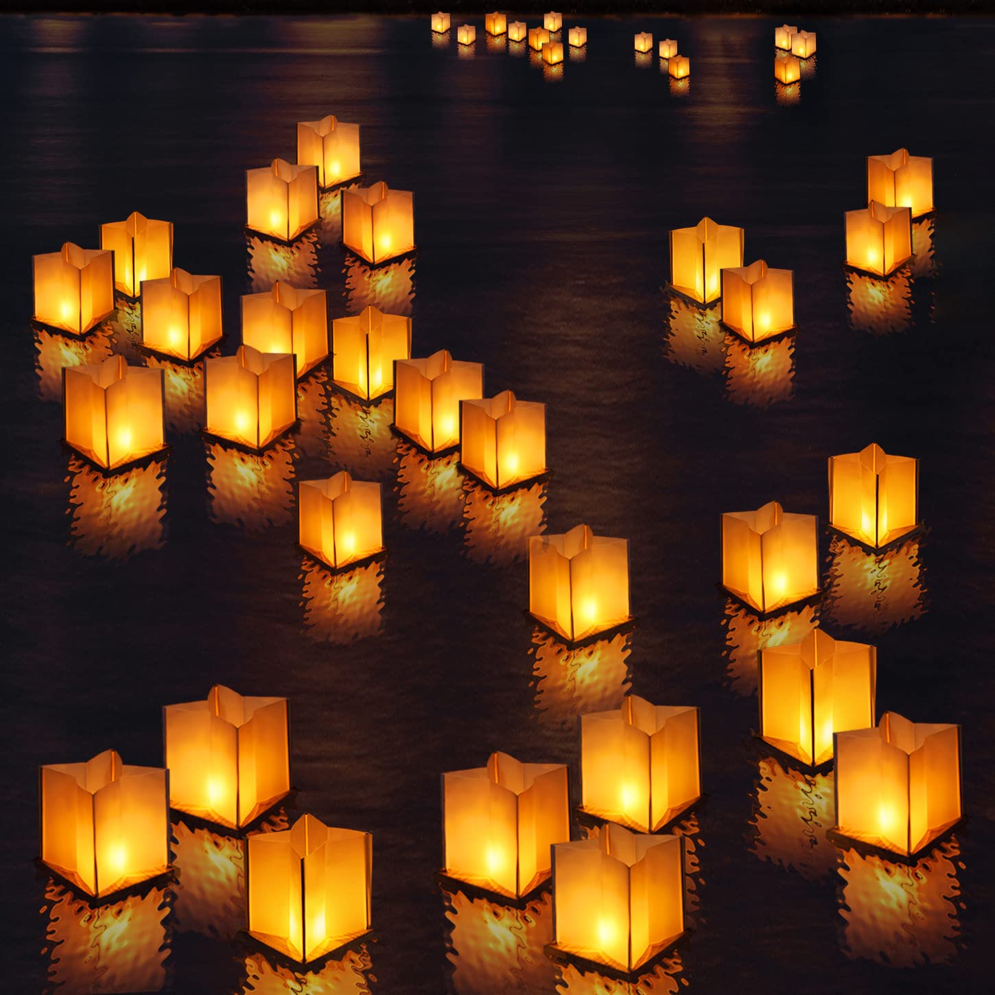 FUELYE 10 Pack 6 Star Shaped Floating Lanterns with Waterproof Wooden Base Sets, Paper Water Lanterns Decoration with LED Tealig