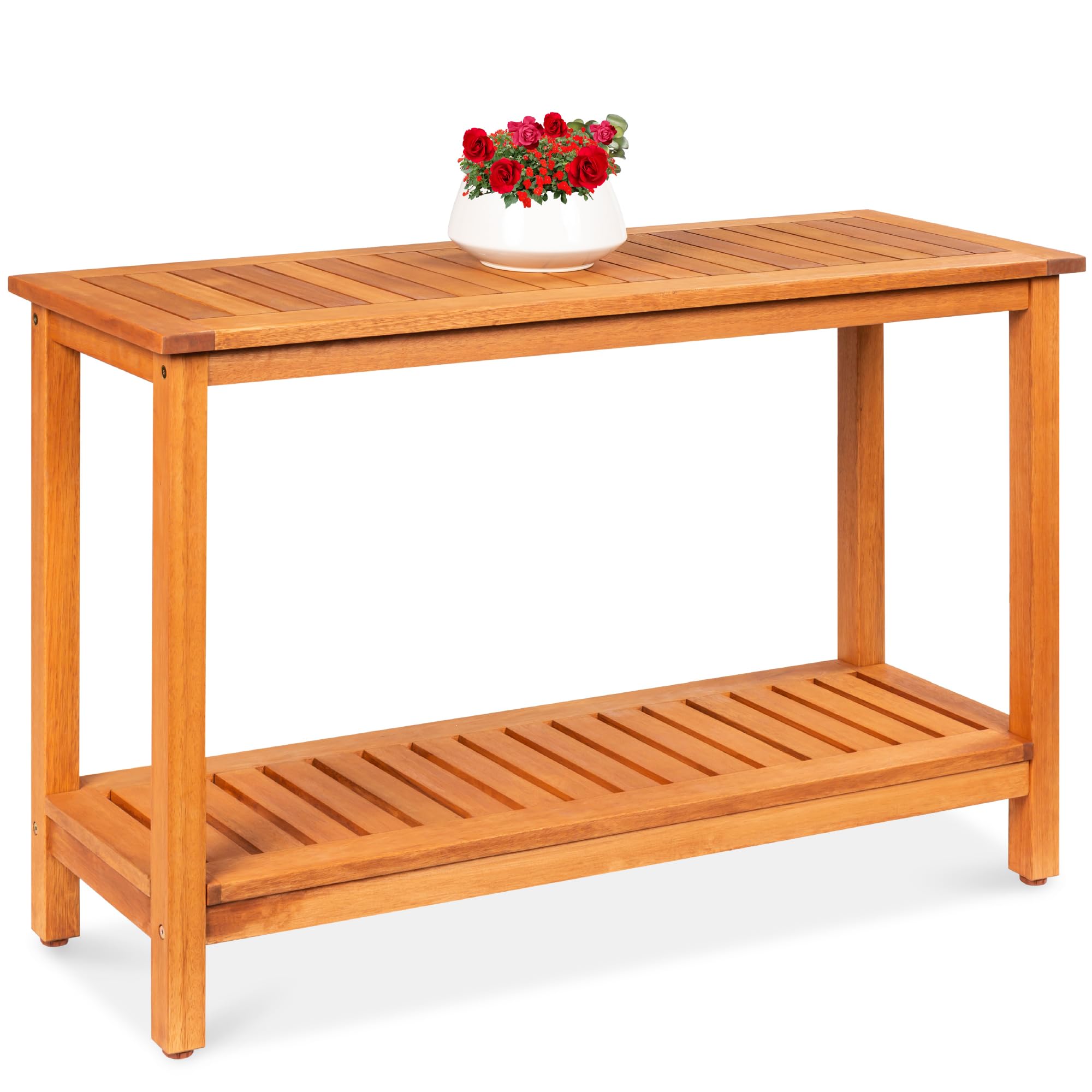 Best Choice Products 48In 2-Shelf Eucalyptus Wooden Console Table Indoor Outdoor Multifunctional Buffet Bar Storage Organizer W/Foot Sliders - Natural