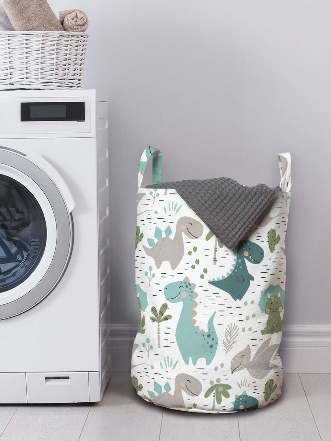 Ambesonne Cartoon Laundry Bag, Smiling Dinosaurs With Palm And Cactus, Hamper Basket With Handles Drawstring Closure For Laundro