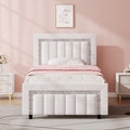 HOMBCK Twin Size Bed Frame, White Velvet Upholstered Bed Frame with Adjustable Diamond Headboard, Twin Bed Frames for Kids, Vert