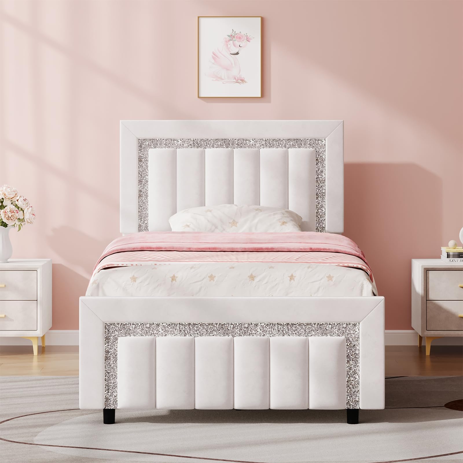 HOMBCK Twin Size Bed Frame, White Velvet Upholstered Bed Frame with Adjustable Diamond Headboard, Twin Bed Frames for Kids, Vert