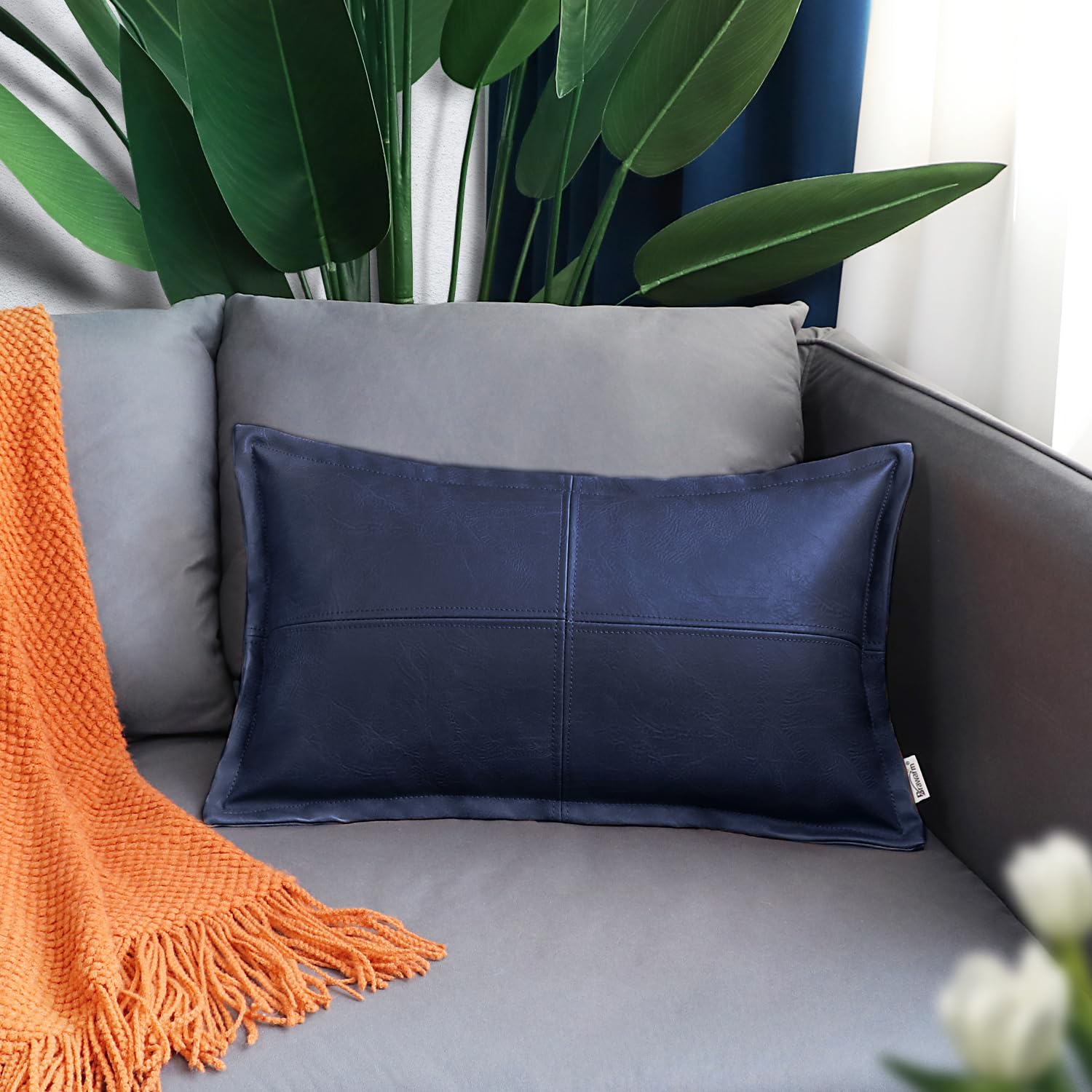 Brawarm Navy Blue Leather Throw Pillow 12 X 20 Inches, Faux Leather Pillow Cover With Piping, Hand Stitched Leather Decorative L