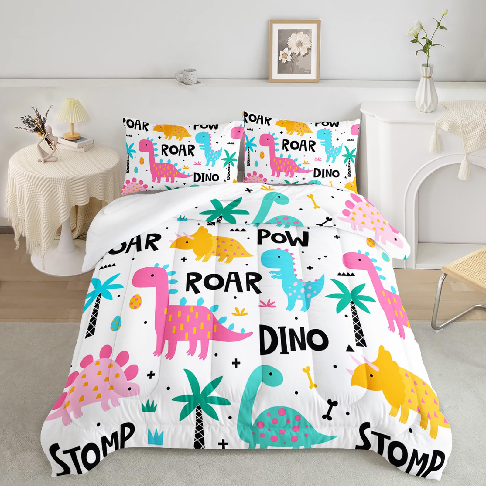 Axolotl Girls Bedding Cartoon Dinosaur Comforter Set Twin Size,Cute Dinosaur Bedding Set For Girls Teens Kids Boys Adults Room D