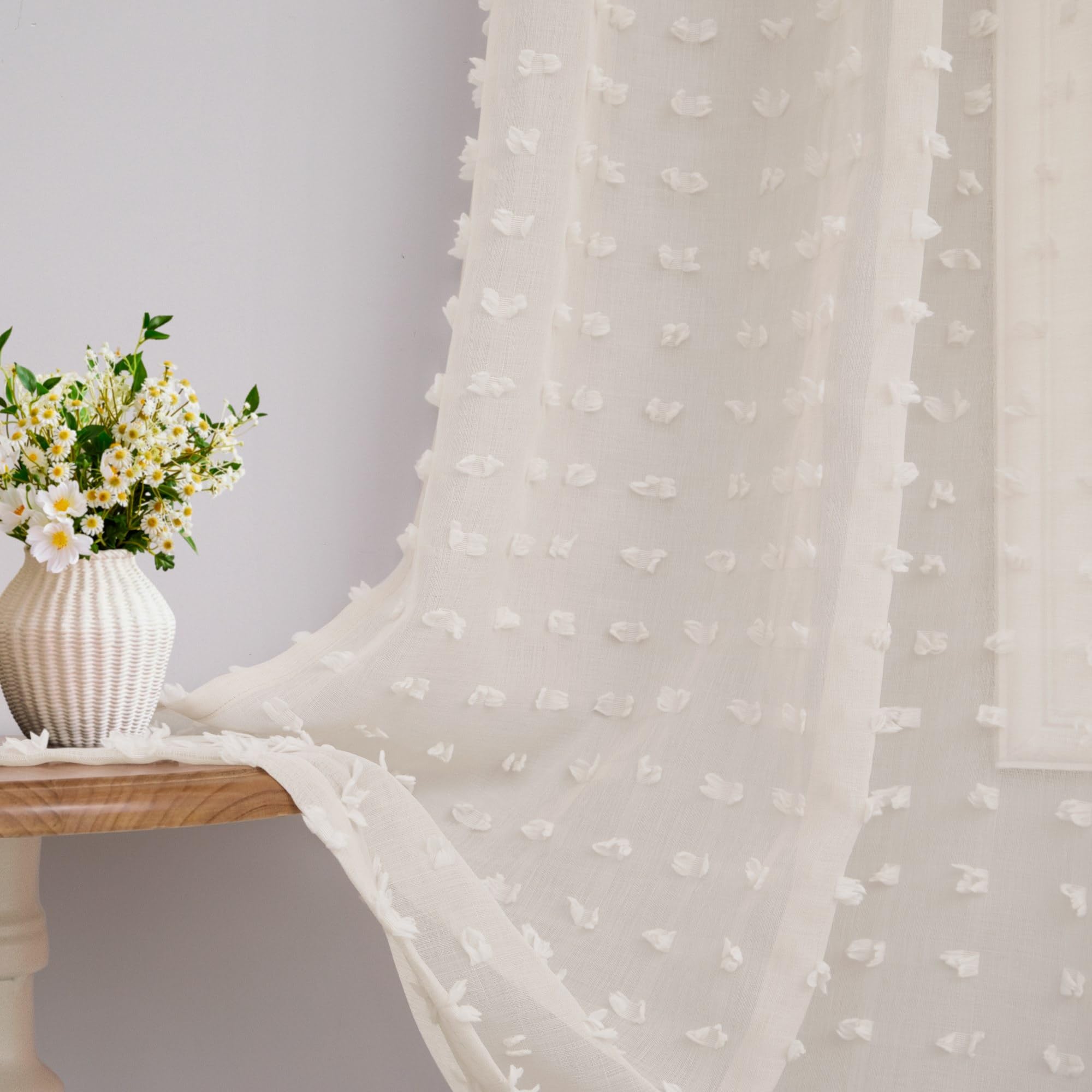 Sheer Beige Curtains 90 Inches Long 2 Panels For Bedroom Living Room Boho Farmhouse Natural Semi Sheer Curtain Nursery Pom Pom T