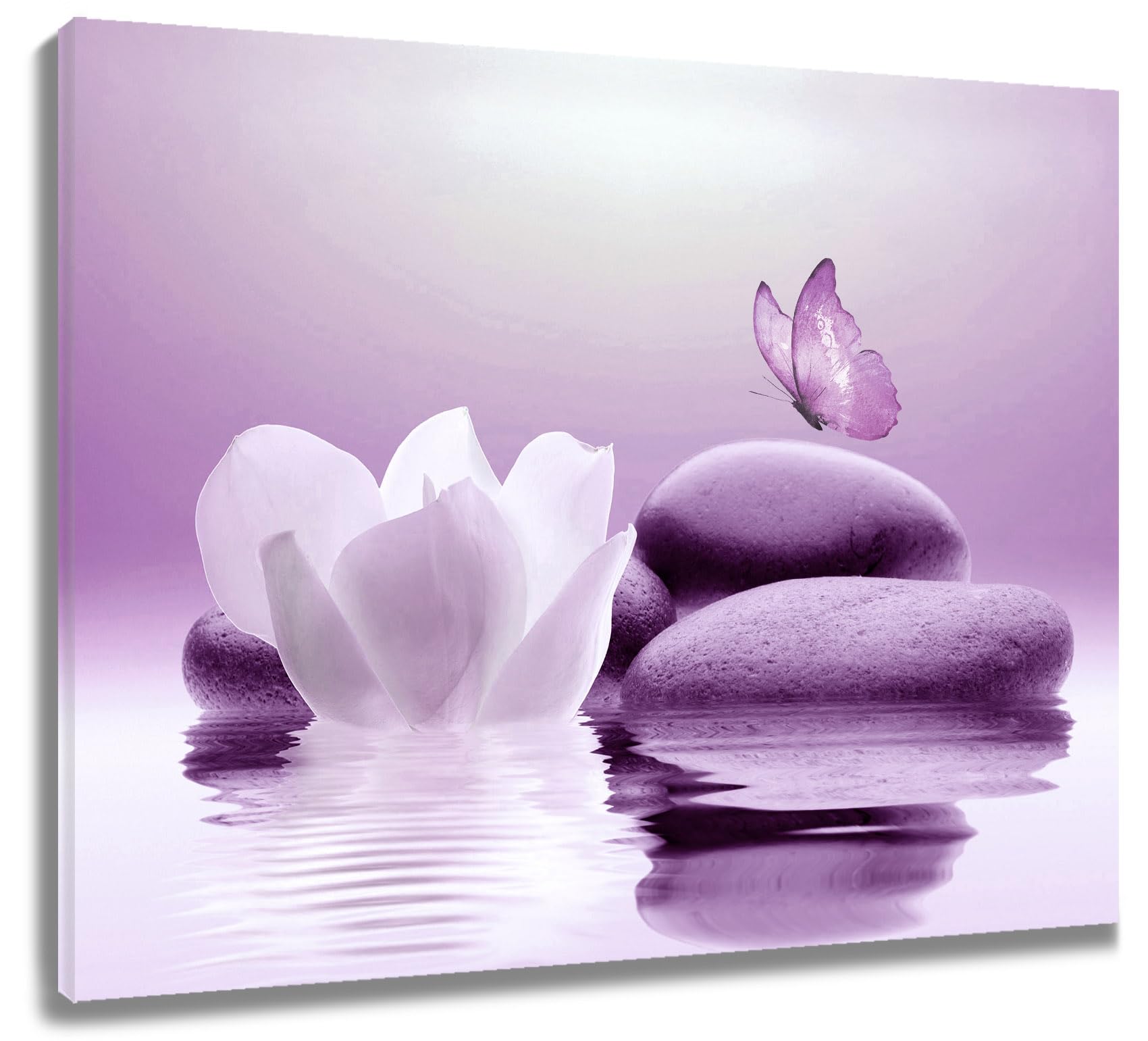 EOBTAIN Zen Stone Canvas Wall Art Water Lily and Purple Butterfly on the Lake Wall Art for Bathroom Living Room Bedroom Spiritua