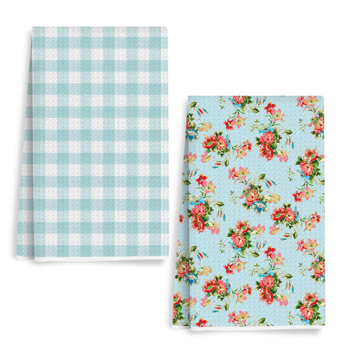 BQXH 2Pcs Floral Buffalo Plaid Waffle Kitchen Towel Retro Floral Dish Towel