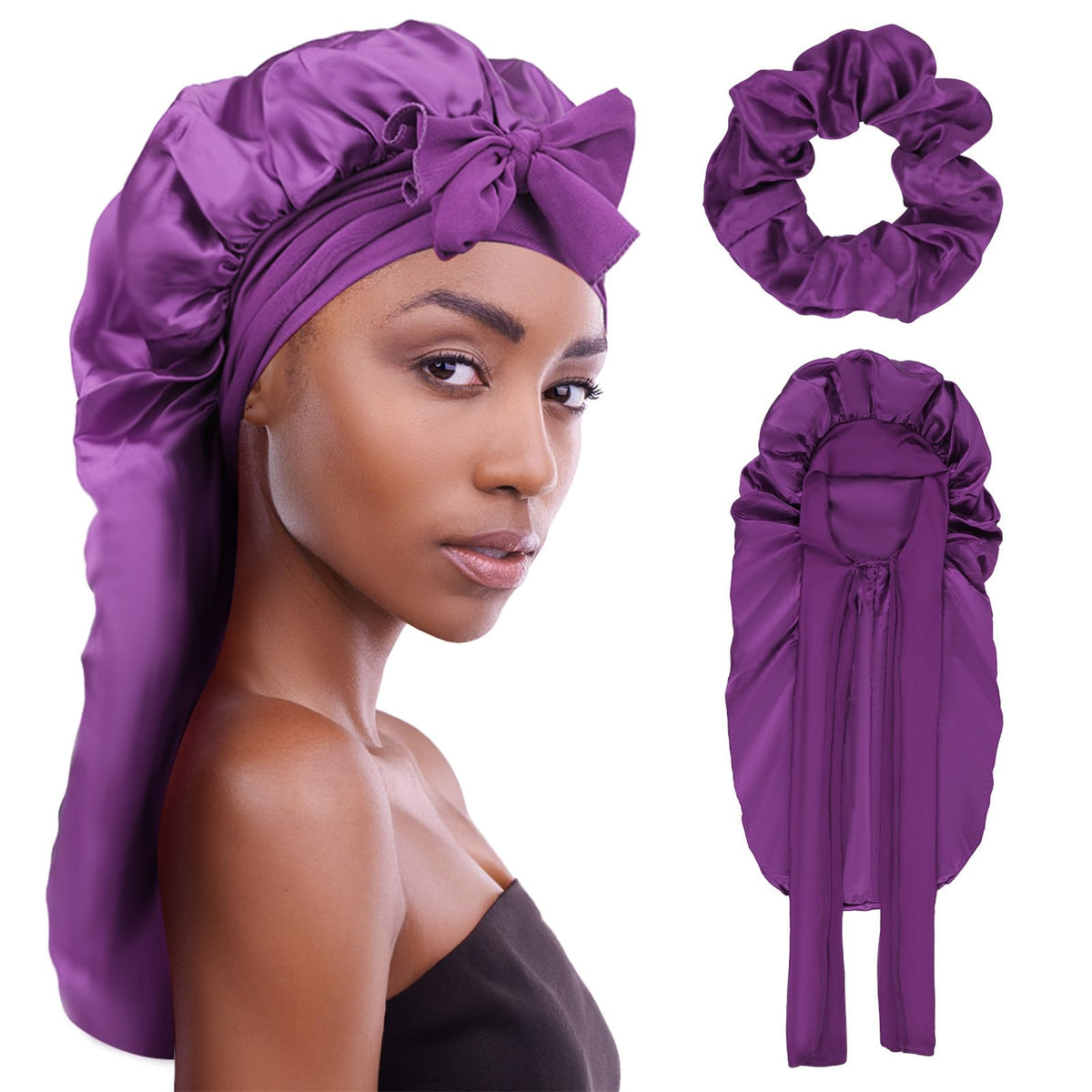 PLUMXUE Long Braids Silk Bonnet - Extra Large Satin Sleeping Hair Cap for Women Curly with Adjustable Tie Band and Scrunchies (P