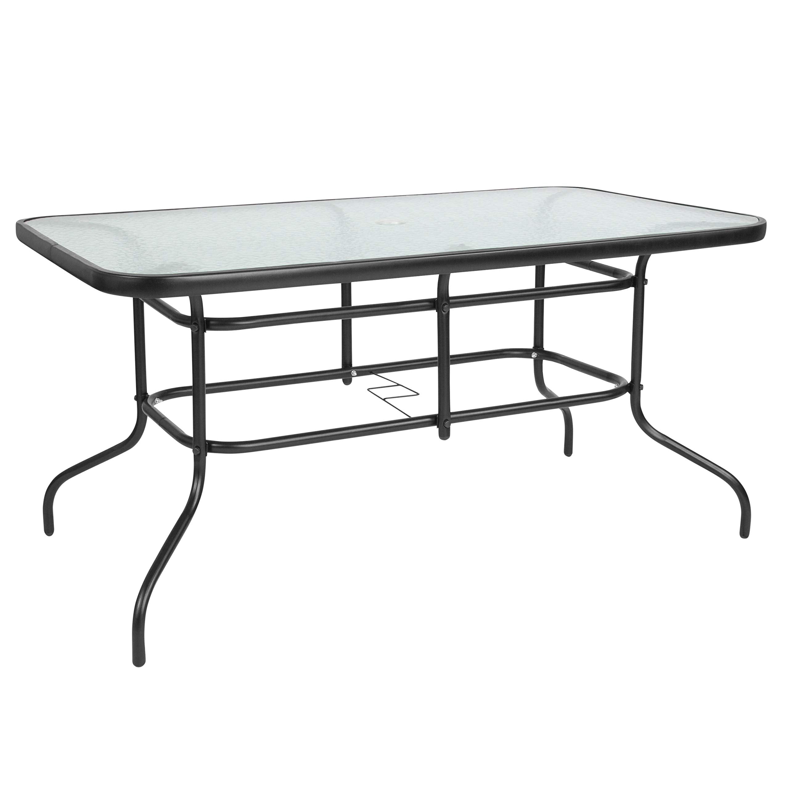 Flash Furniture Tory 31.5' X 55' Rectangular Tempered Glass Metal Patio Table With Umbrella Hole, Modern Rippled Glass Outdoor