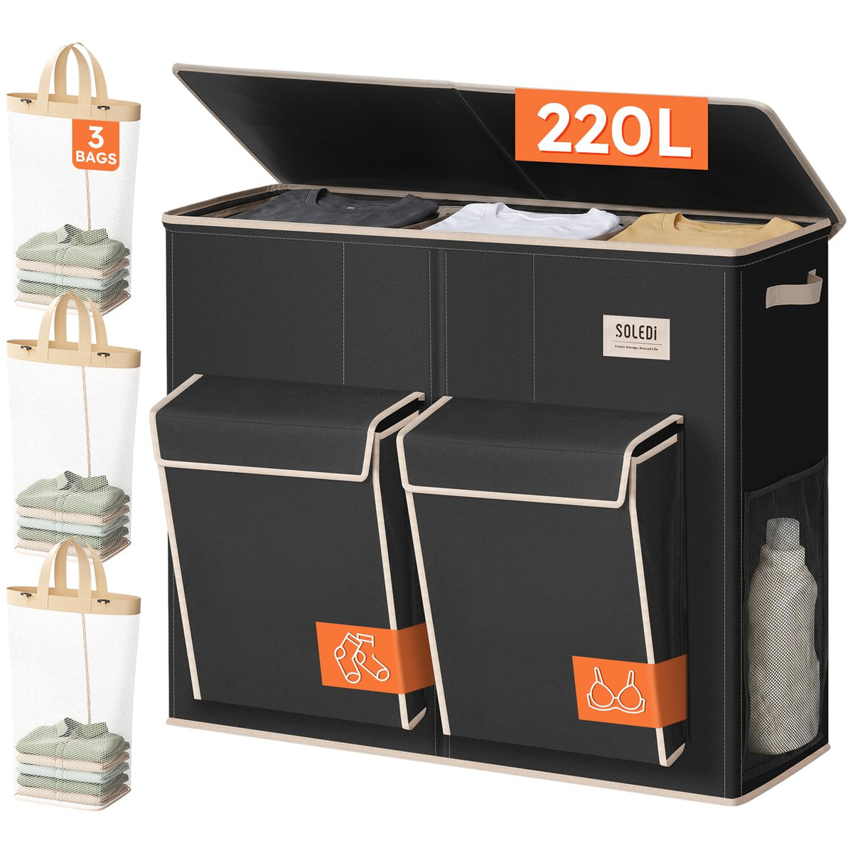 SOLEDI 220L Laundry Hamper 3 Section with Lid and 2 Side Pockets