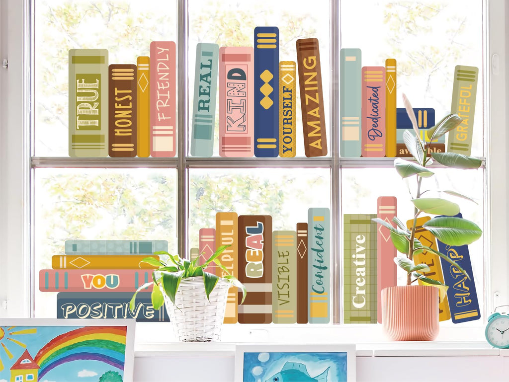 JarThenaAMCS Boho Book Window Clings Boho Book Print Window Stickers Double Sided Glass Decals for First Day of School Back to S