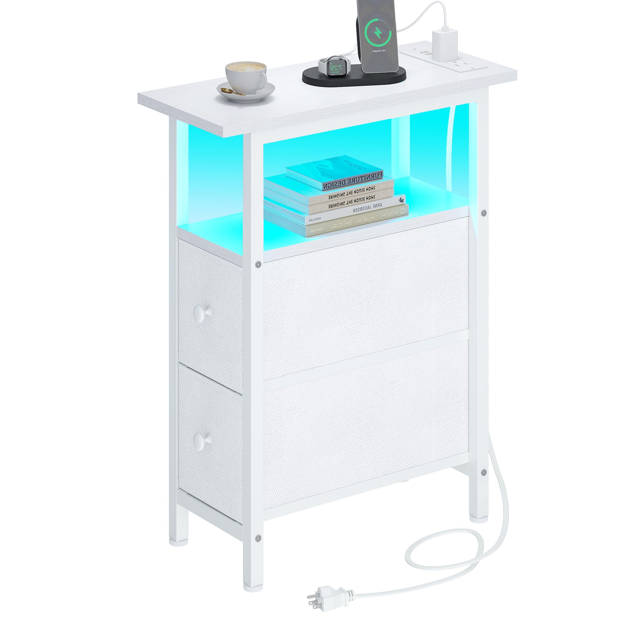 Trifeble End Table With Charging Station, Narrow Side Table With 2 Fabric Drawers, Skinny Nightstand With Led Light, Slim Bedsid