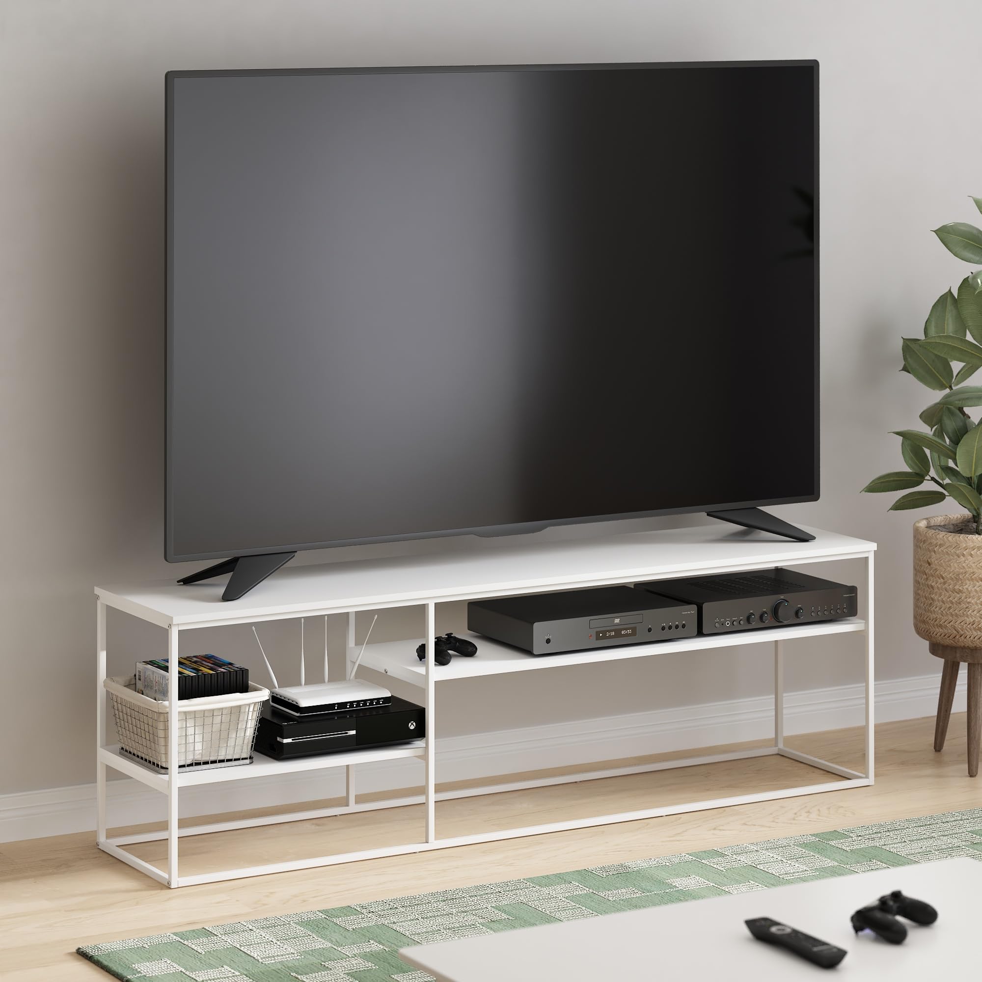 Furinno Moretti Modern Lifestyle TV Stand for TV up to 78 Inch, Solid White/White