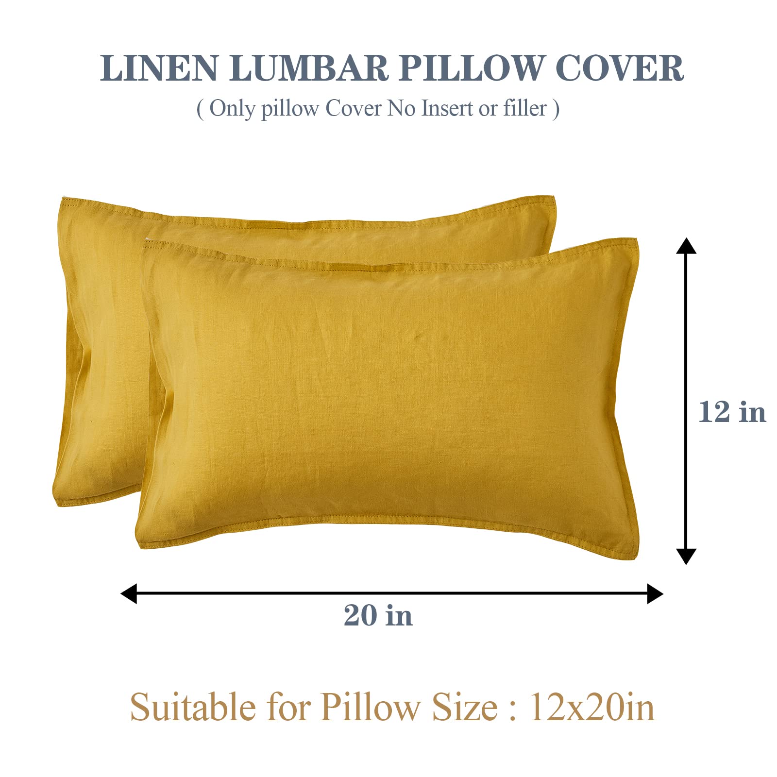 Simple&Opulence 100% Linen Lumbar Pillow Cover 12 X 20 Inches Set Of 2 Rectangular Decorative Throw Cushion Cover For Couch Sofa Bed Living Room Office Soft Breathable Farmhouse - Mustard Yellow
