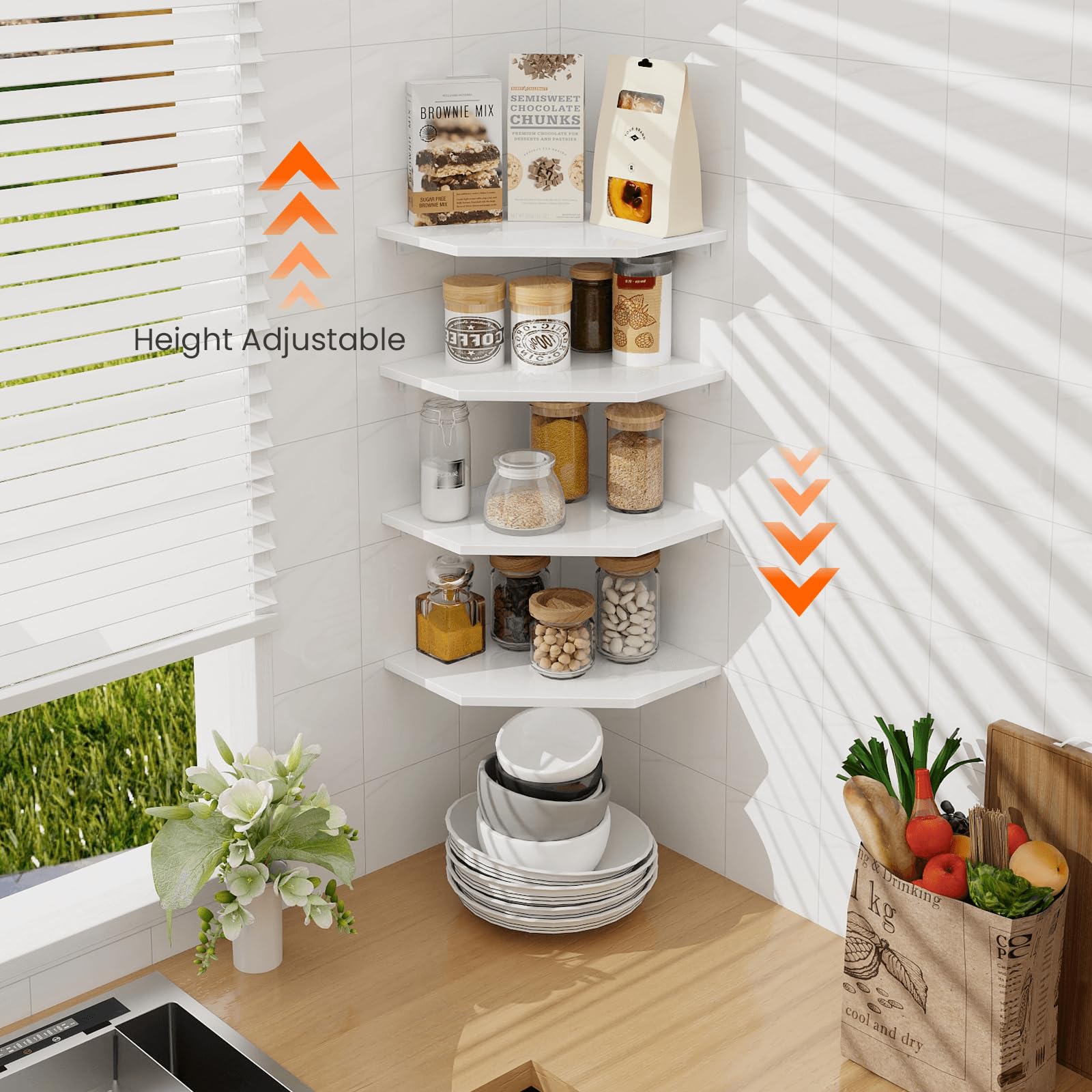 Homode Corner Wall Shelf, Corner Shelf Floating, Set Of 4 Wooden Hanging Corner Shelves With Wire Hole For Bathroom Living Room Office, White