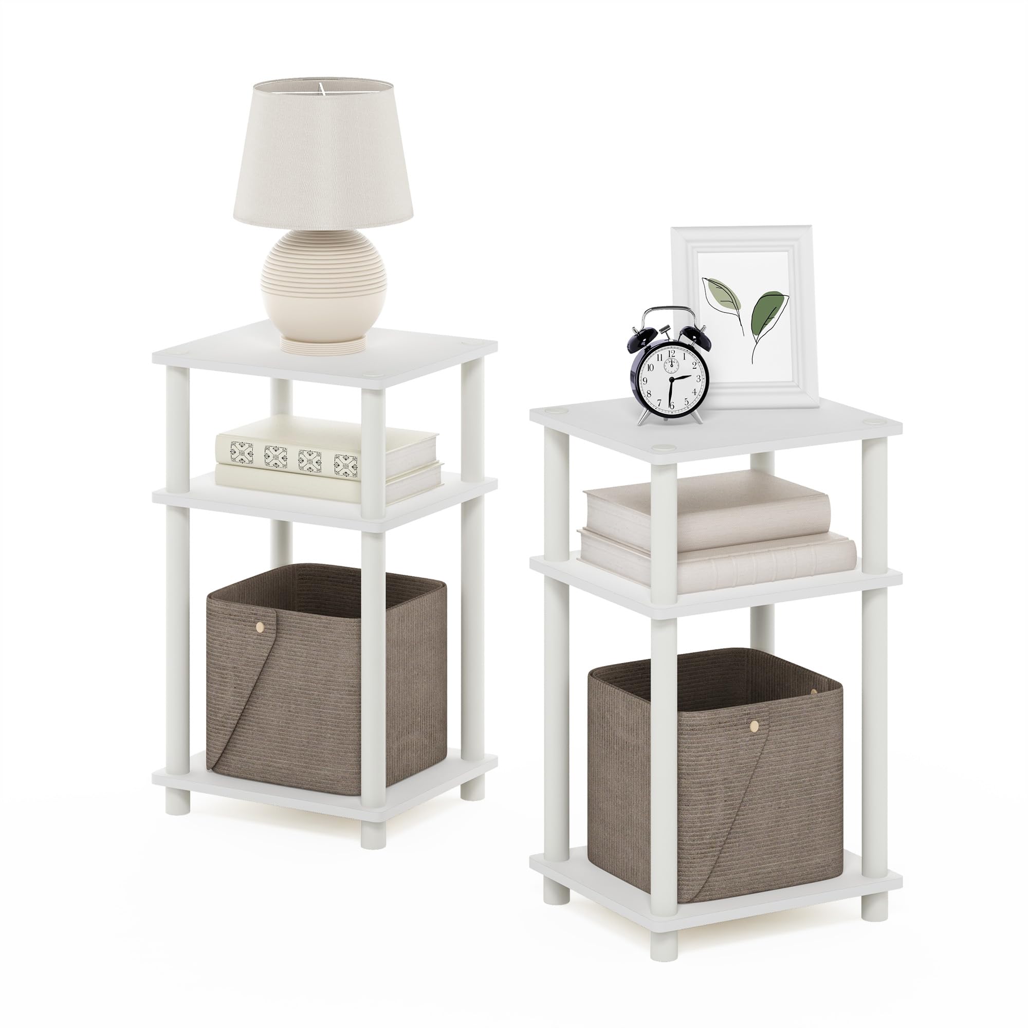 Furinno Just 3-Tier Turn-N-Tube Nightstand, 2-Pack, White/White