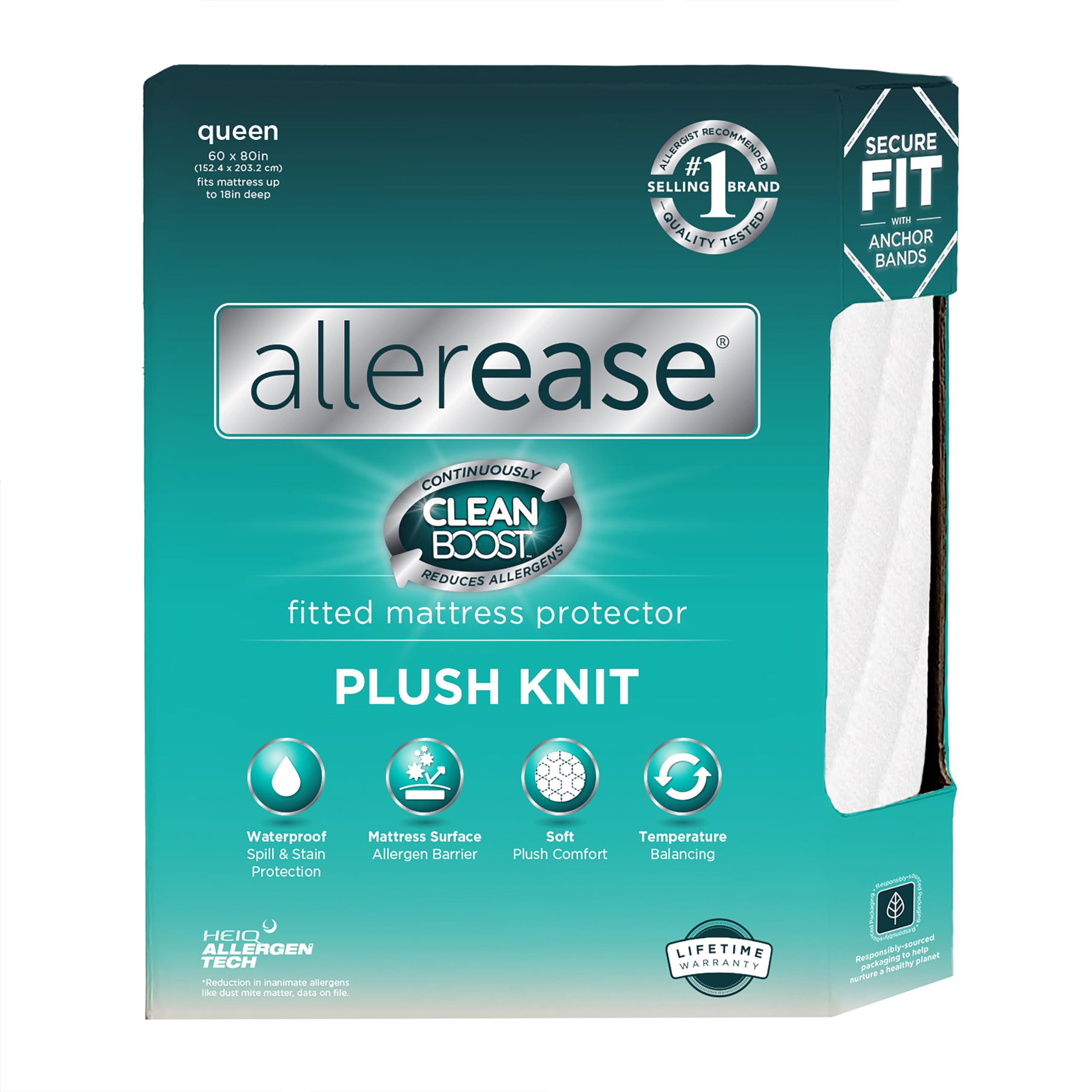 Allerease Clean Boost Plush Knit Mattress Protector, Queen