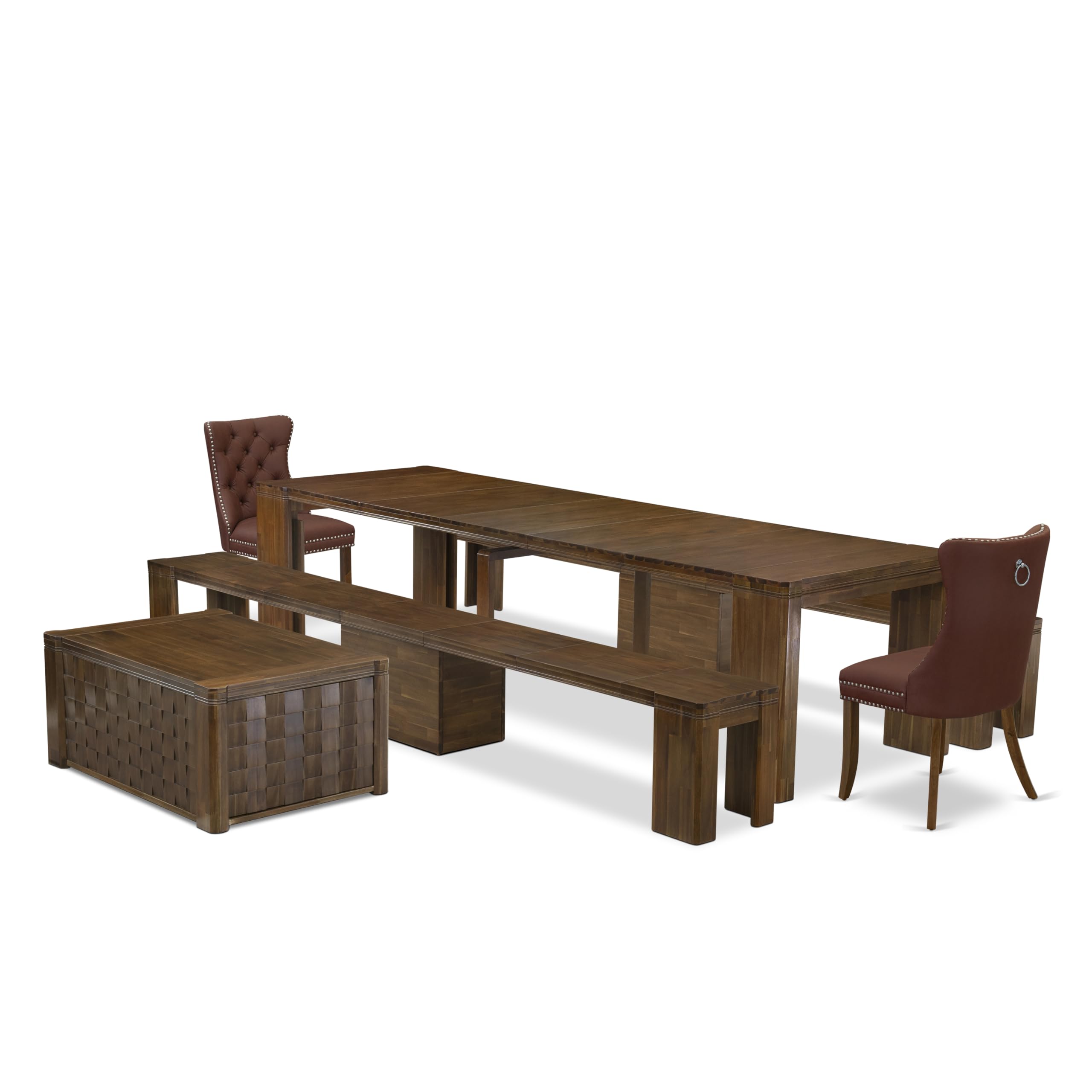 Luxe by East West Furniture - X02DA-2C8-26 - 6pc Mid Century Dining Table Set contains an Extendable Rectangle Kitchen Table, 1 Coffee Table, 2 Dining Chairs and 2 Benches, 39x120 Inch, Antique Walnut