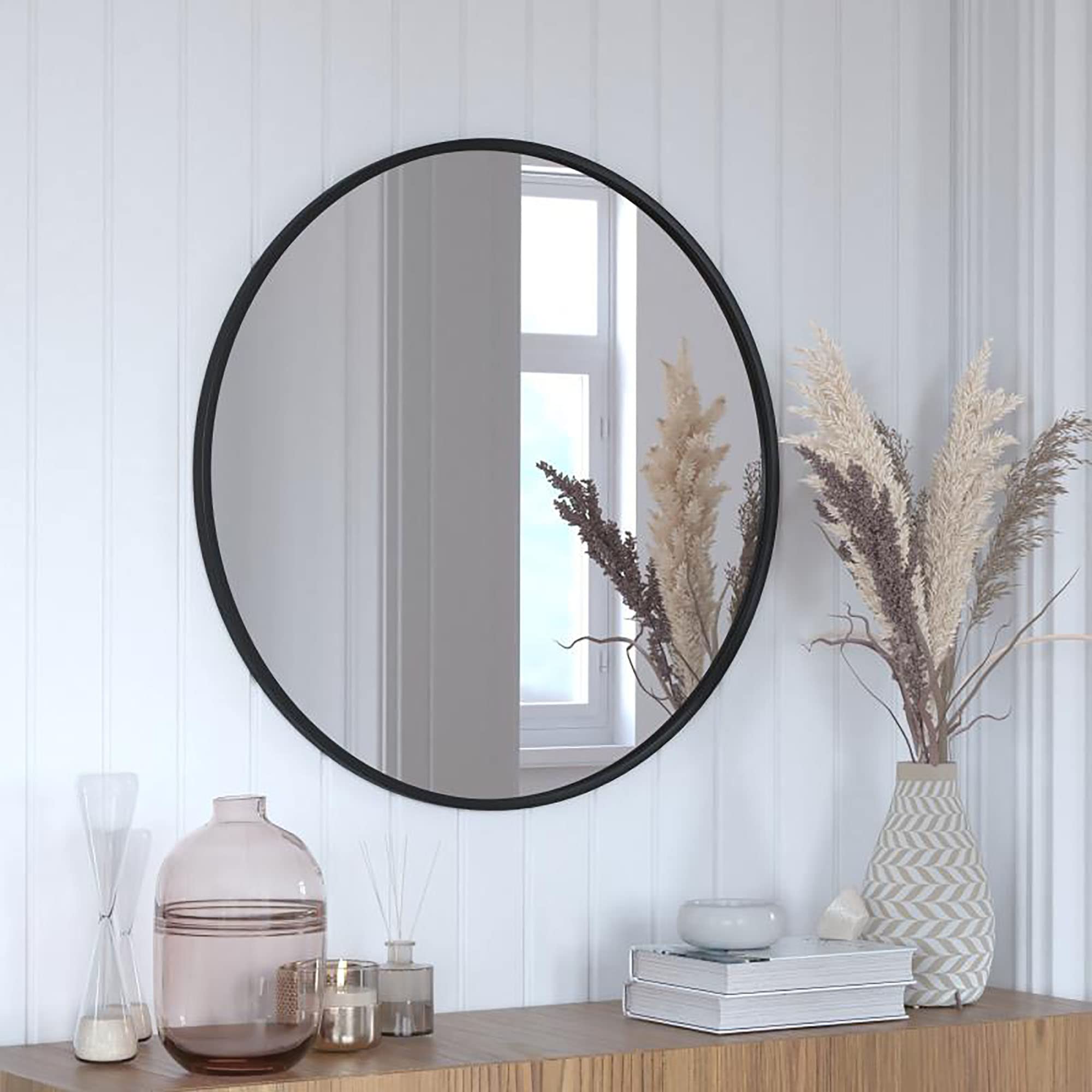 Flash Furniture Julianne Large Round Wall Mirror - Black Circle Accent Mirror - 30&quot; Vanity Mirror - For Bathroom, Vanity, Entryway, Dining Room, & Living Room