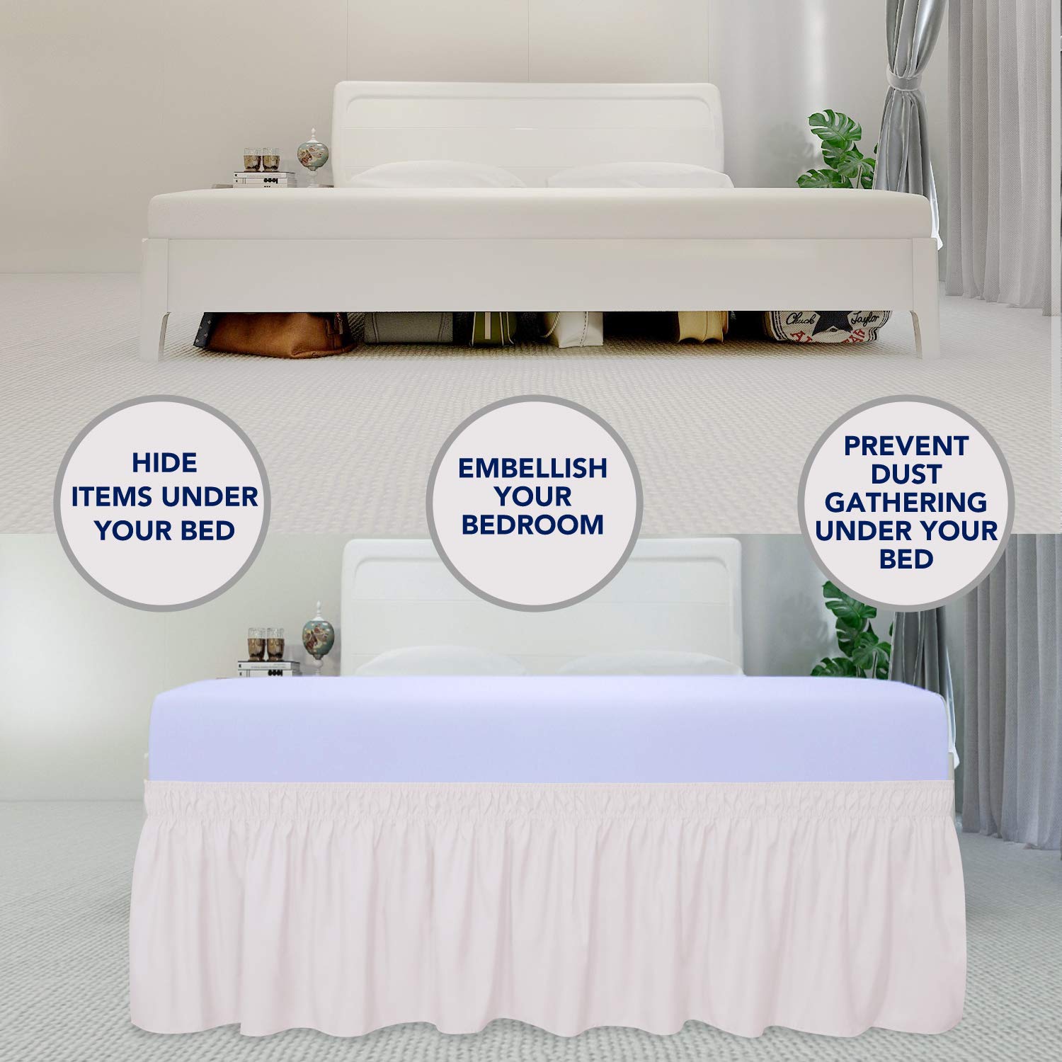 Purefit Wrap Around Ruffled Bed Skirt With Adjustable Elastic Belt - 22 Inch Drop Easy To Put On, Wrinkle Free Bedskirt Dust Ruffles, Bed Frame Cover For Queen, King And C-King Size Beds, Baby Pink