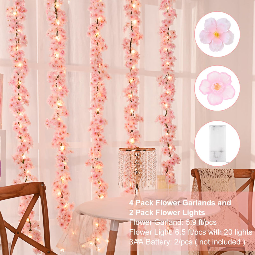 Sunm Boutique 4 Pcs Total 23.6 Ft Artificial Cherry Blossom Flowers, Faux Lighted Cherry Blossom Garlands, Fake Cherry Blossom H