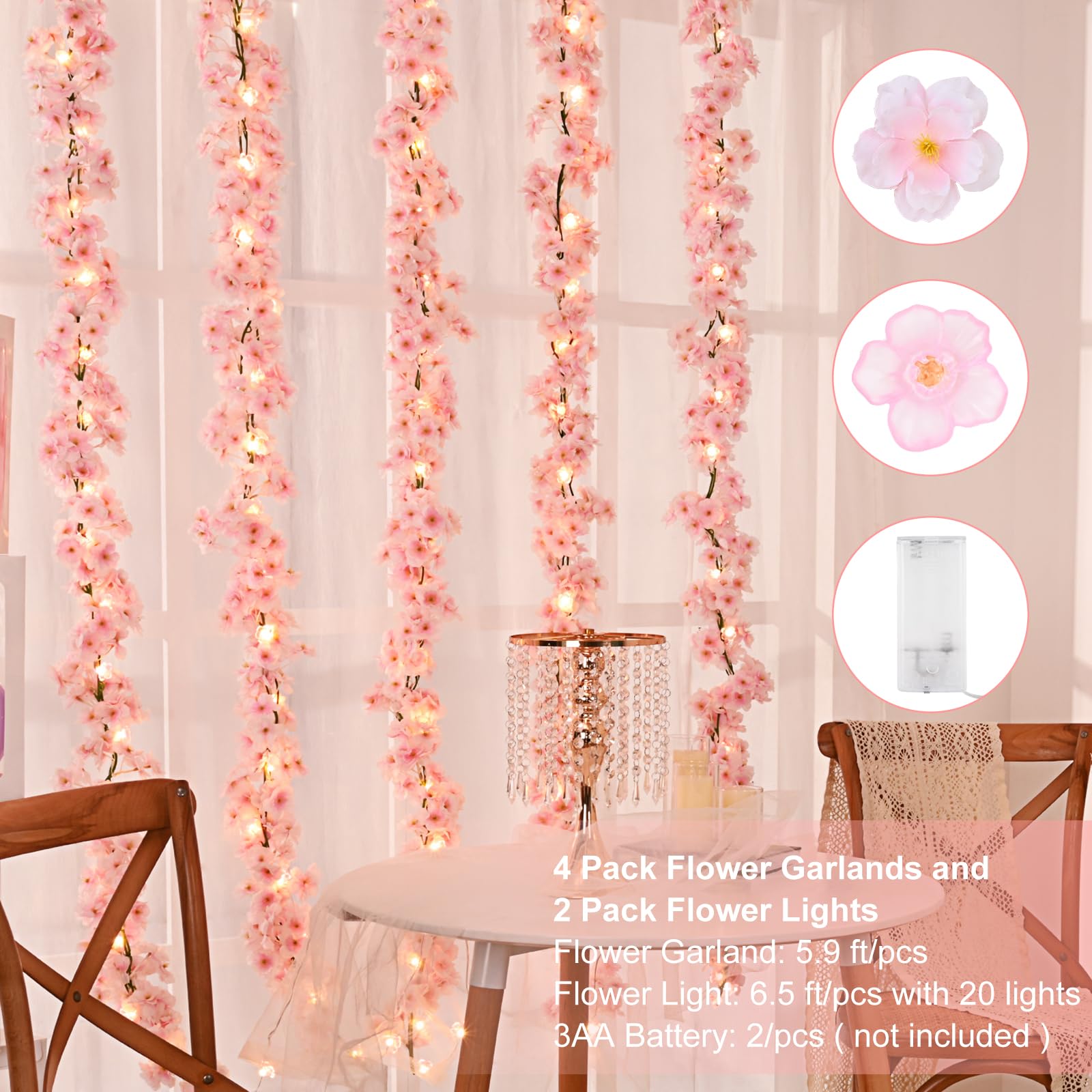 Sunm Boutique 4 Pcs Total 23.6 Ft Artificial Cherry Blossom Flowers, Faux Lighted Cherry Blossom Garlands, Fake Cherry Blossom H