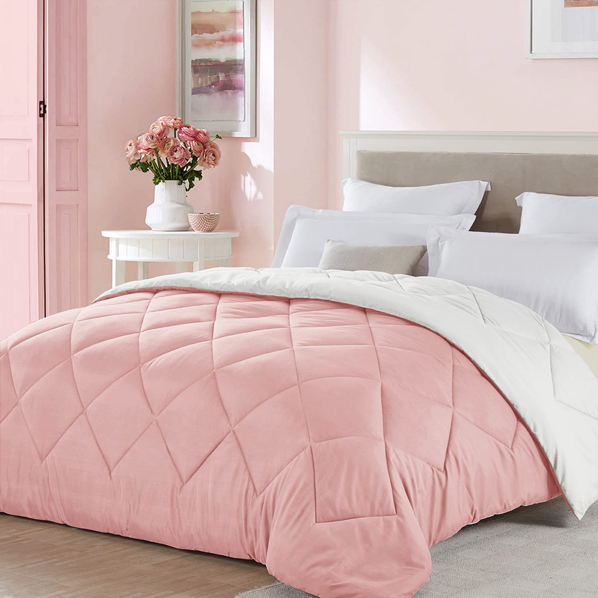 Seward Park Twin Xl Size Pink White Fall Comforter Reversible Lightweight Girls Cute Cooling Bedding College Dorm Bedspread Blan