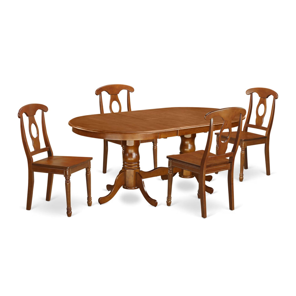 East West Furniture PLNA5-SBR-W 5 Piece Dining Set Includes an Oval Dining Room Table with Butterfly Leaf and 4 Wood Seat Chairs, 42x78 Inch, Saddle Brown
